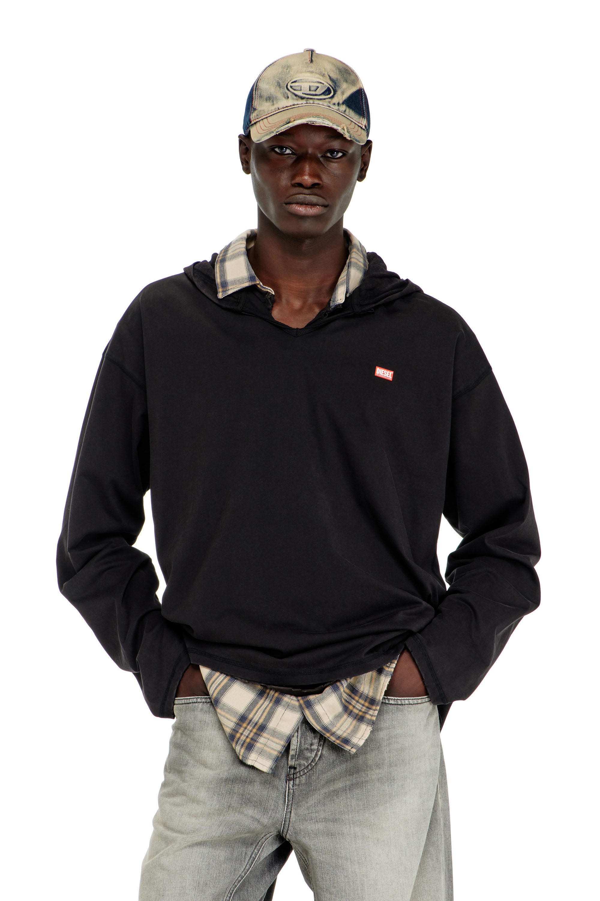 Diesel - T-BOXT-LS-HOOD-CHECK, Male's フード付き長袖Tシャツ in ブラック - 3