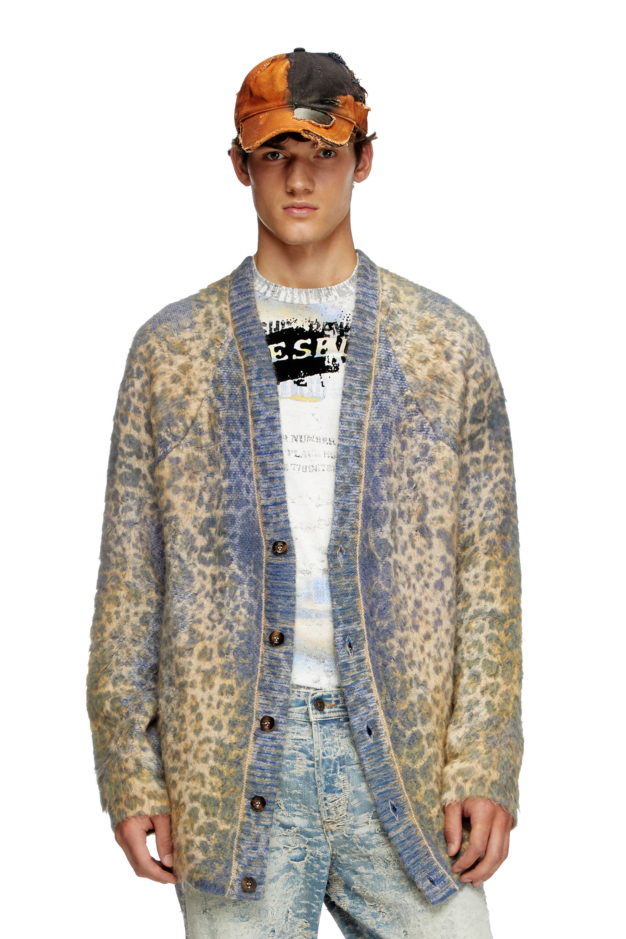 K-PENROS-A Leopard-print cardigan with sweat effects｜マルチカラー  