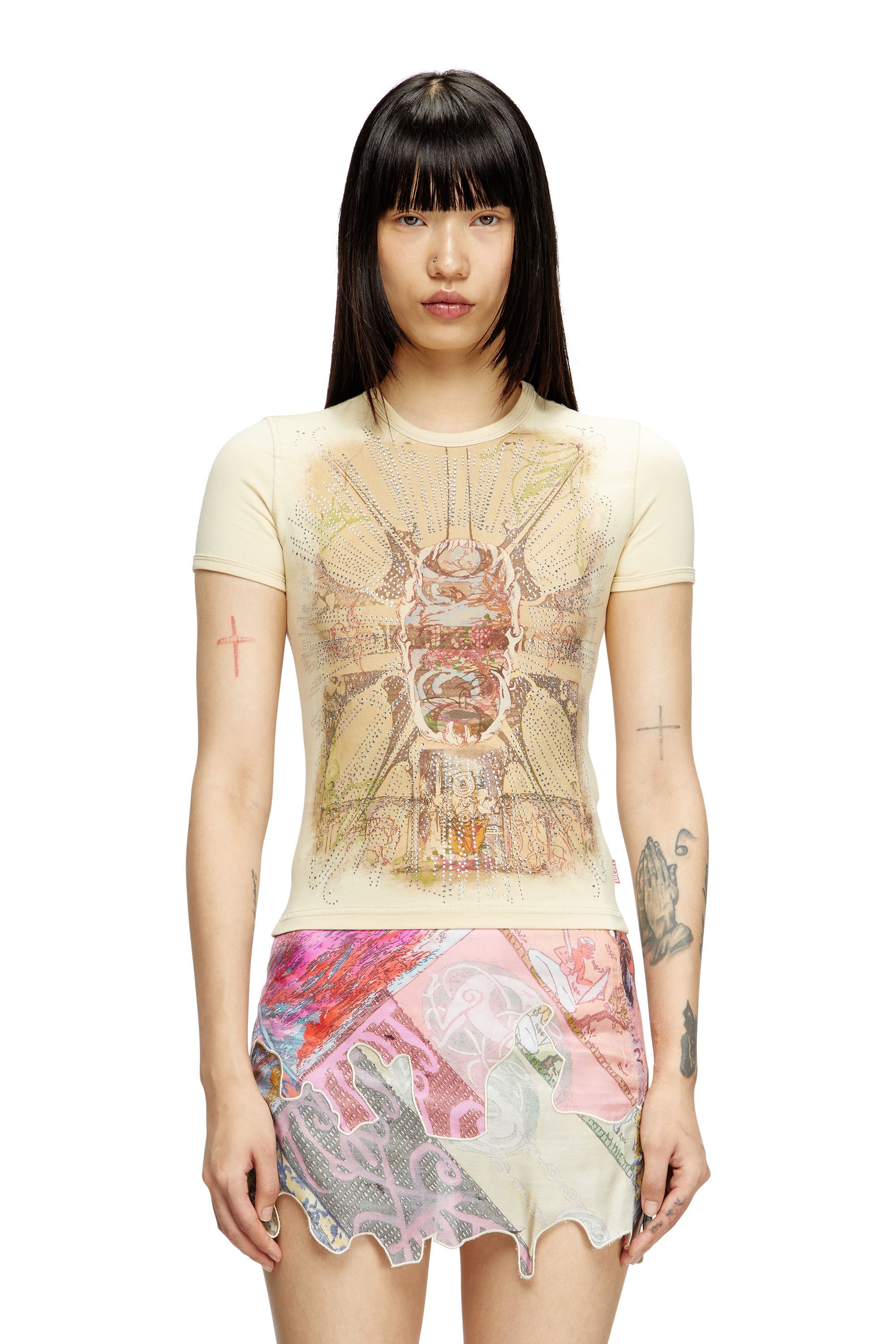 Diesel - T-UNCUTIES-LONG-R14, Female's T-shirt with rhinestone graphic in ライトブラウン - 3