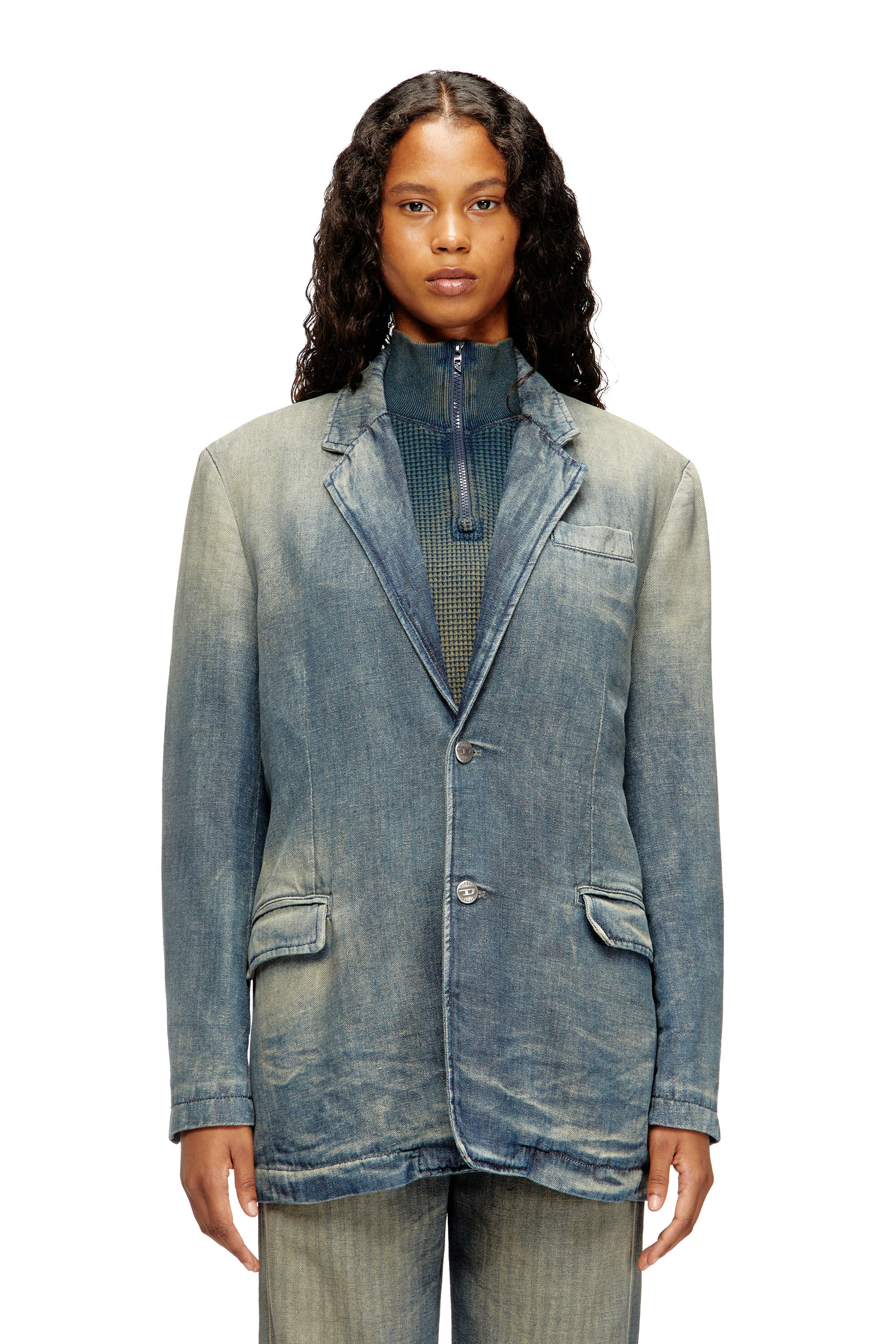 DIESEL D-Reger-D ダークブルー テーラードジャケット　デニム D-REGER-D Blazer in dirt-effect herringbone denim｜マルチカラー