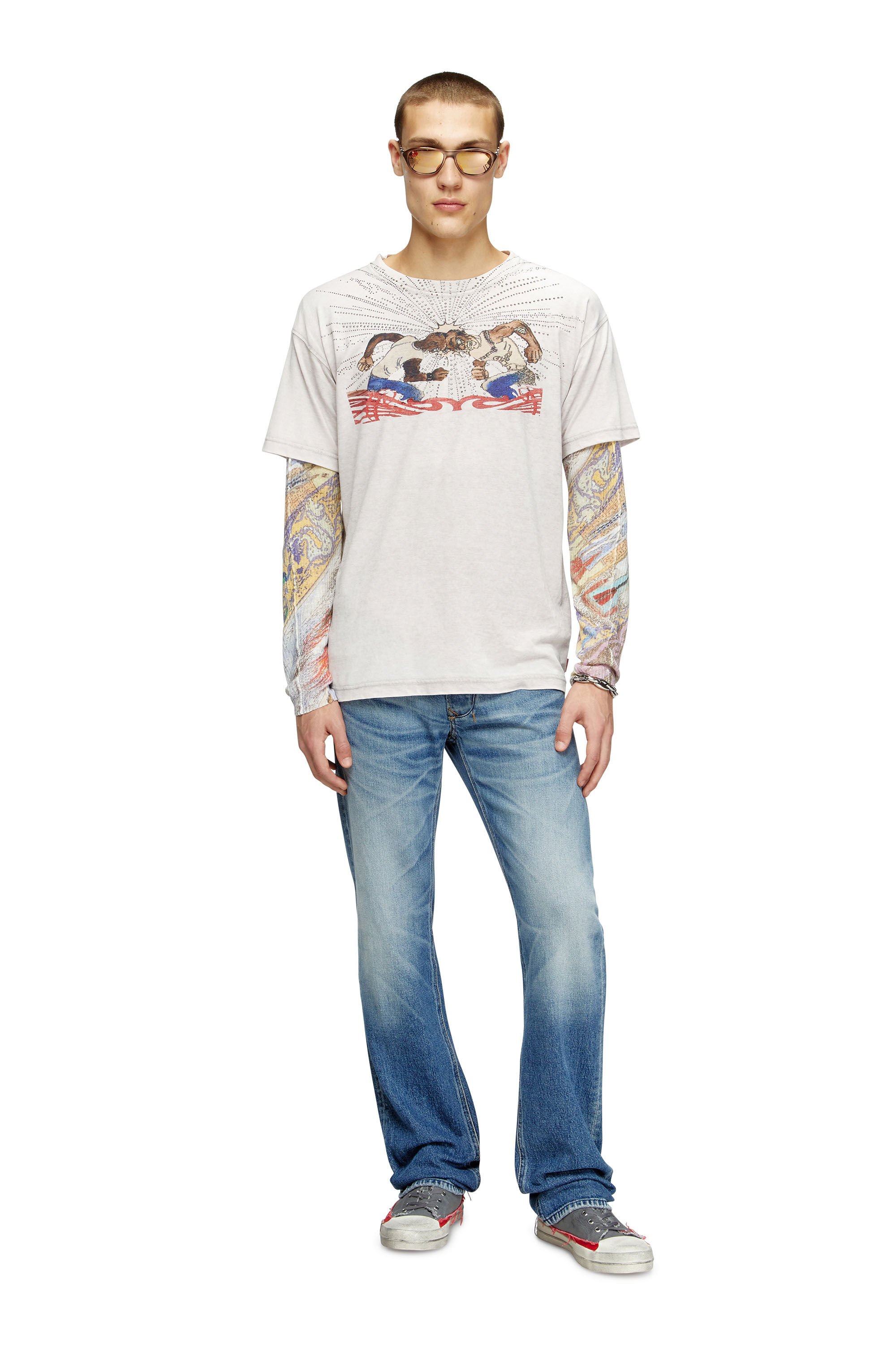 Diesel - T-NORM-T15, Male's T-shirt with rhinestone graphic in ライトグレー - 1