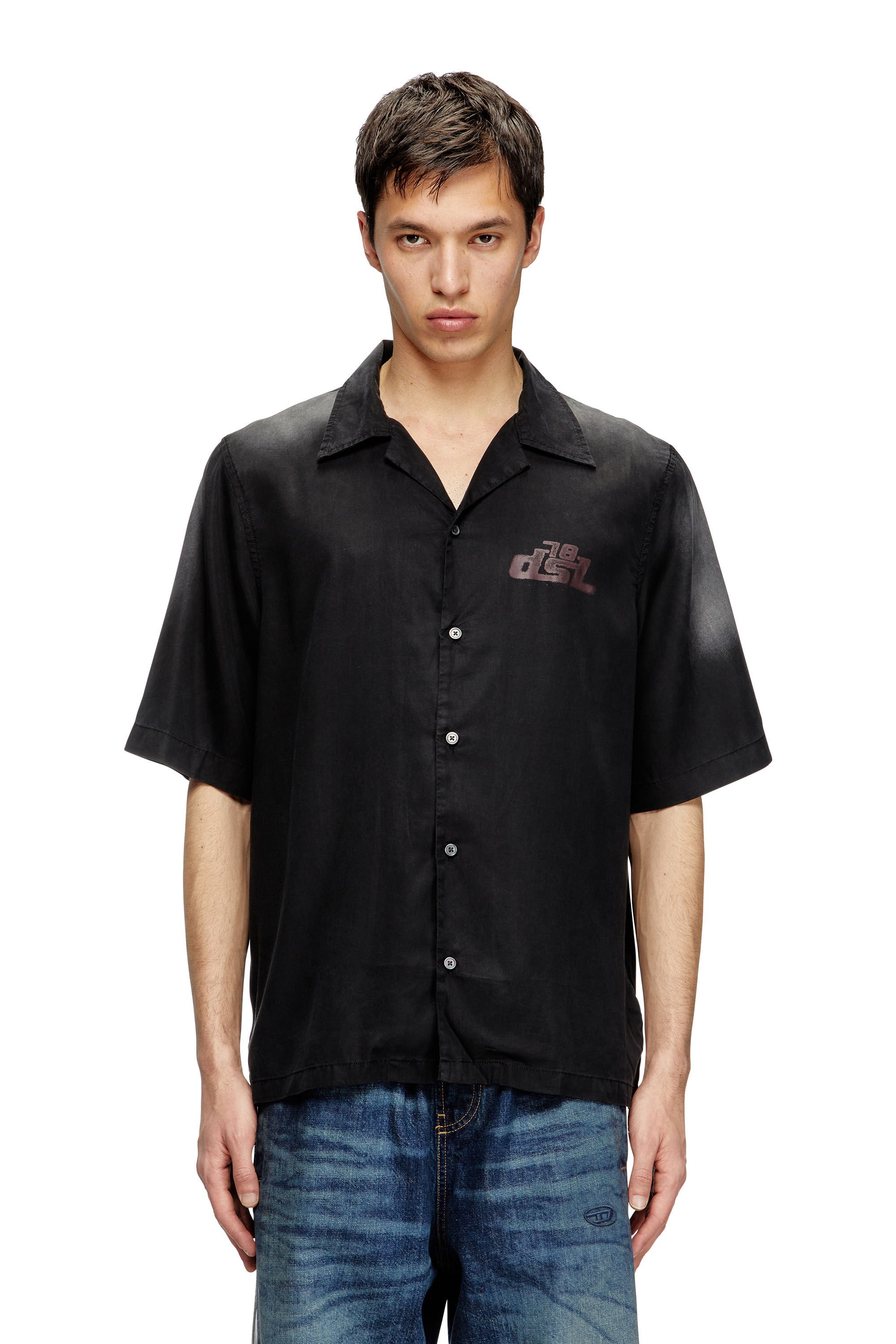 Diesel - S-ELLY, Male's Faded bowling shirt with logo prints in ブラック - 2