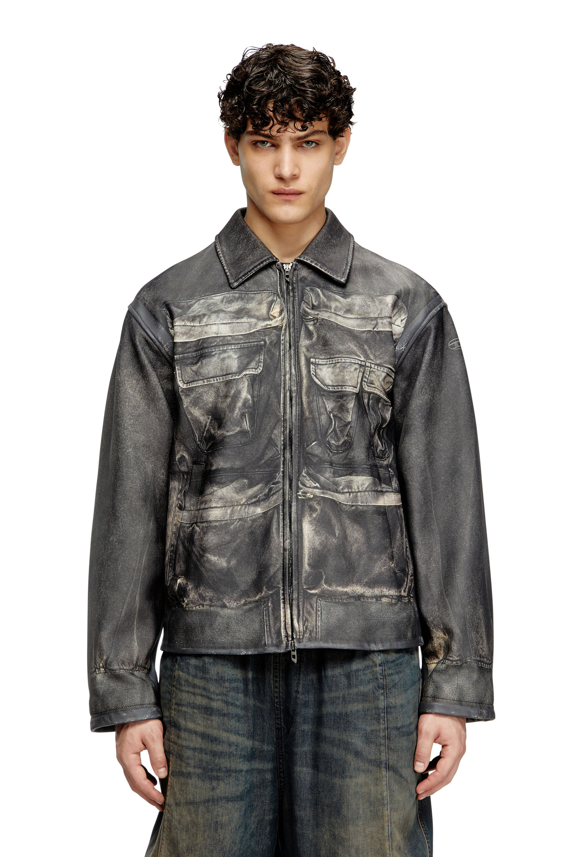Diesel - L-MAYER, Male's Leather jacket with trompe l'oeil pockets in ブラック - 3