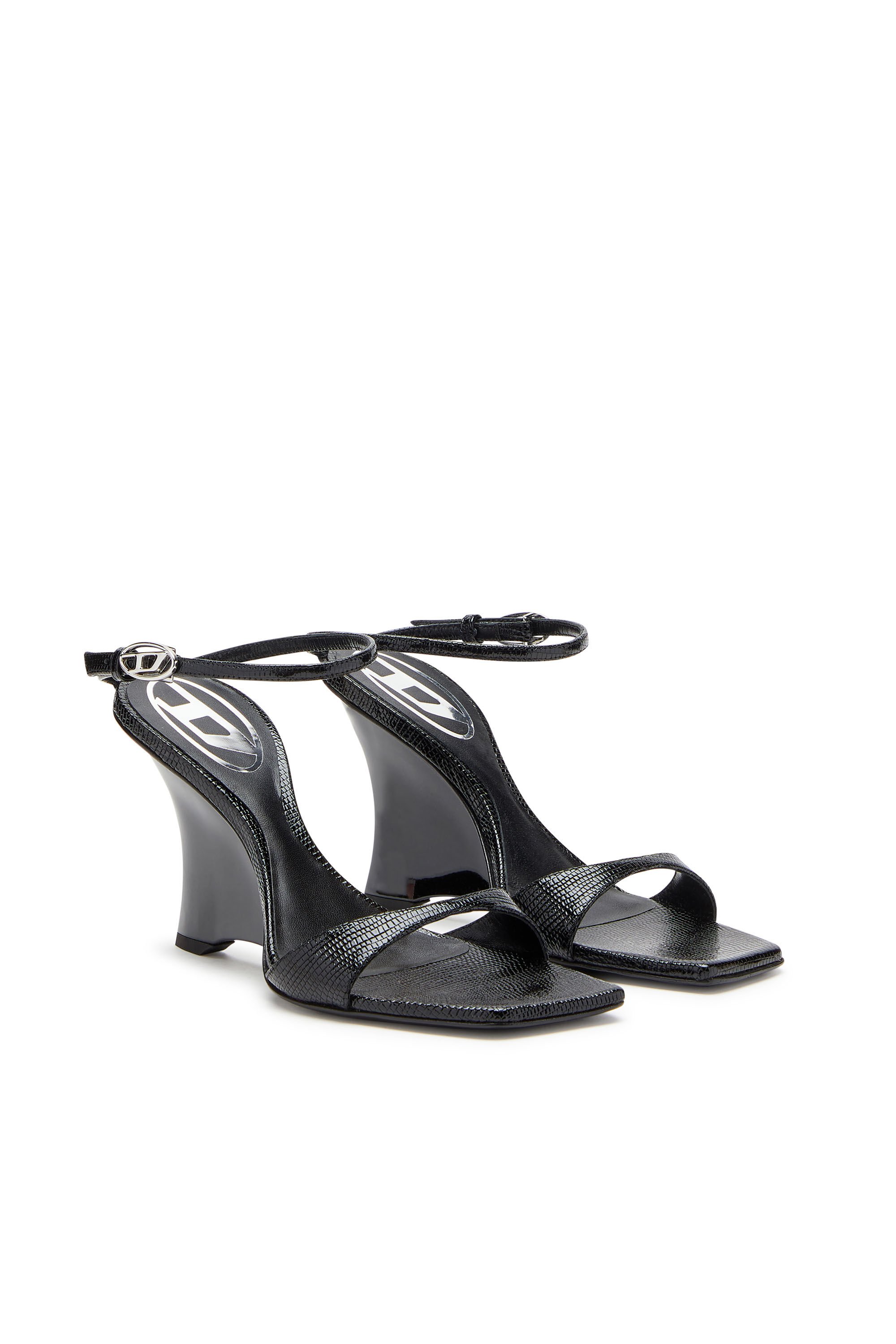 Diesel - D-AMBER SANDAL WEDGE, Female's D-Amber-Wedge sandals in lizard-effect leather in ブラック - 3