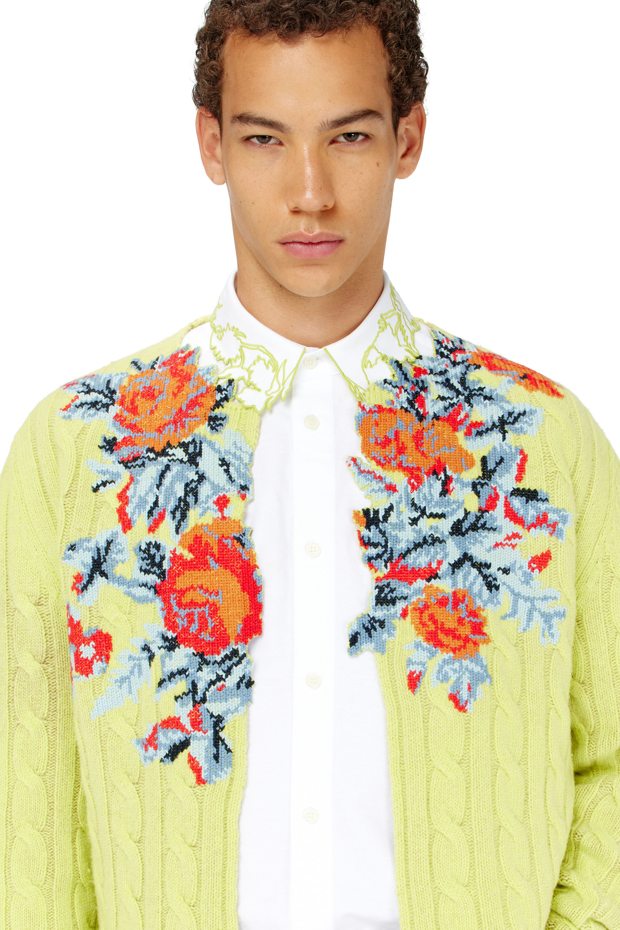 K-RINO Open-front cardigan in floral cable knit｜グリーン｜メンズ