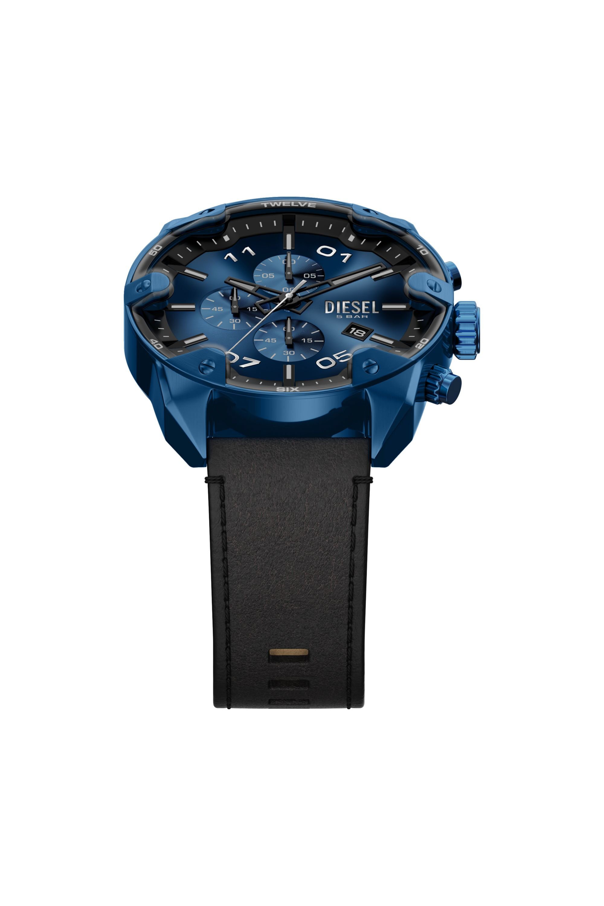 Diesel - DZ4703 WATCH, Male's Spiked Chronograph Black Leather Watch in ブラック/ブルー - 4