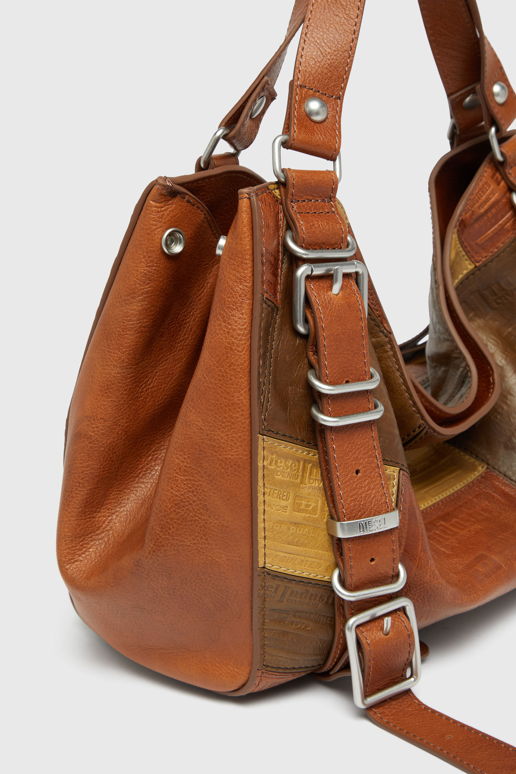 Diesel - D-ONE TOPHANDLE M, Unisex's D-One-Medium top-handle bag in patchwork leather in ブラウン - 6