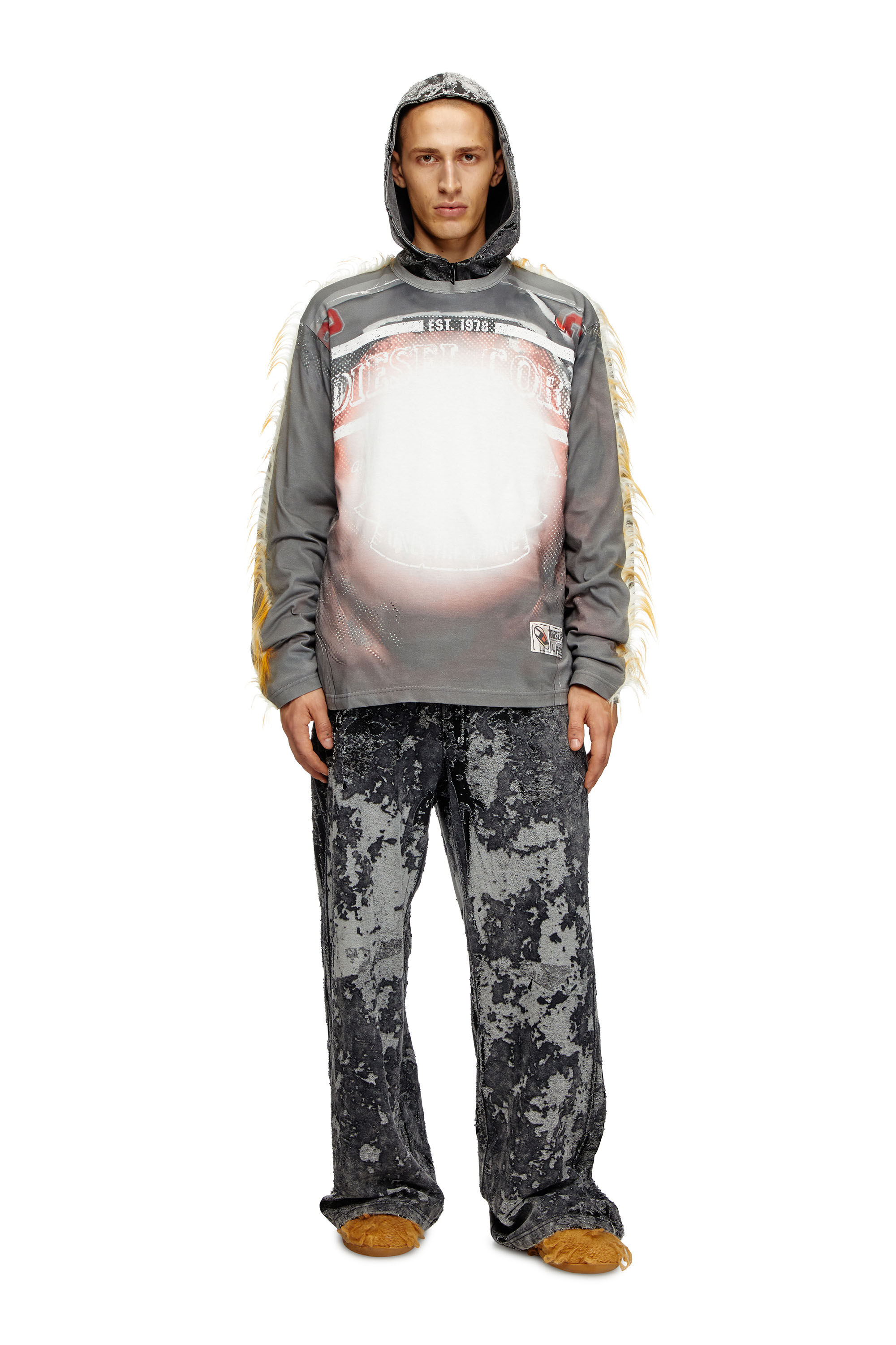 T-CRANE-LS-FUR Long-sleeve T-shirt with fuzzy trims｜グレー