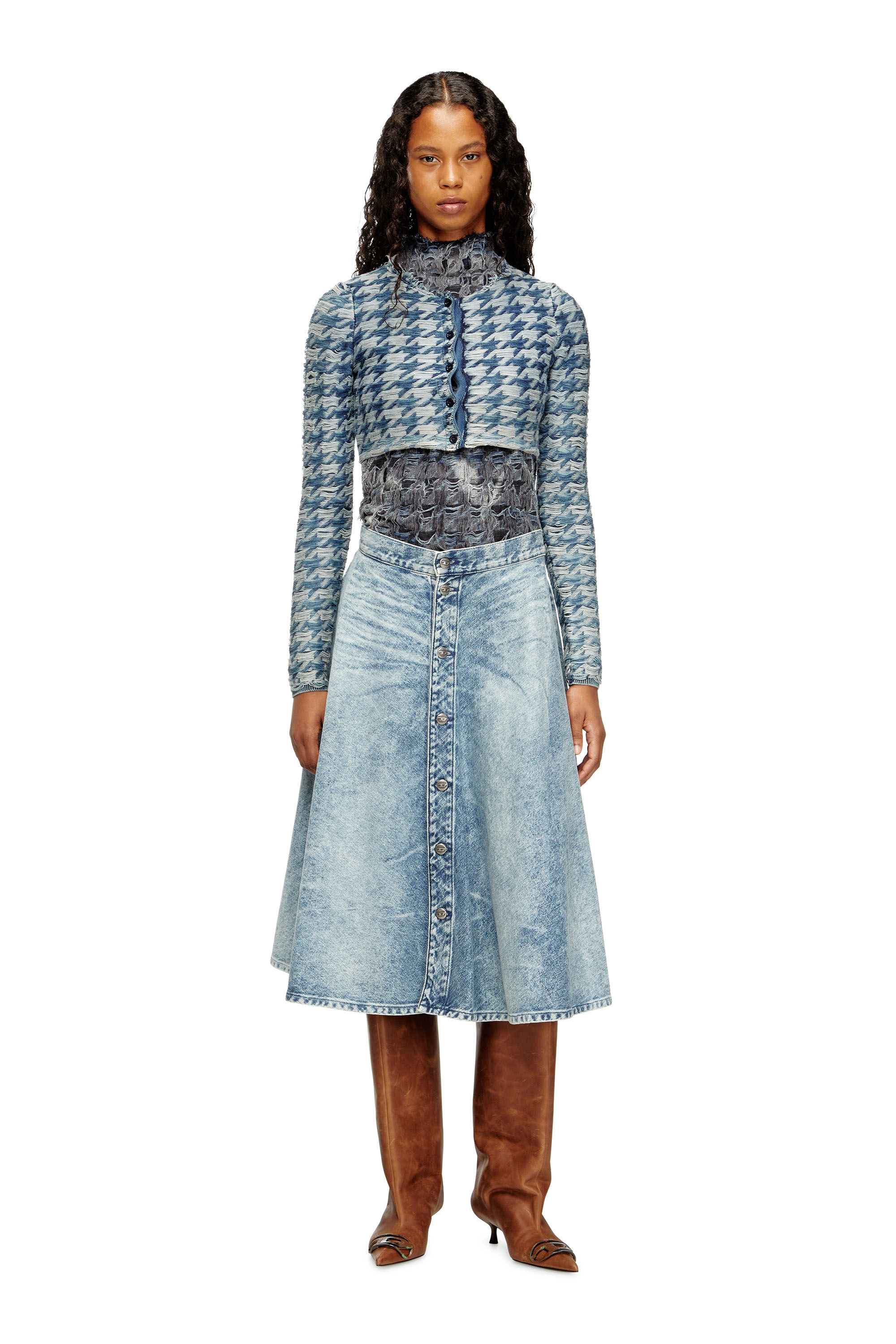 M-HELLA Crop cardigan in denim-look houndstooth jacquard｜ブルー