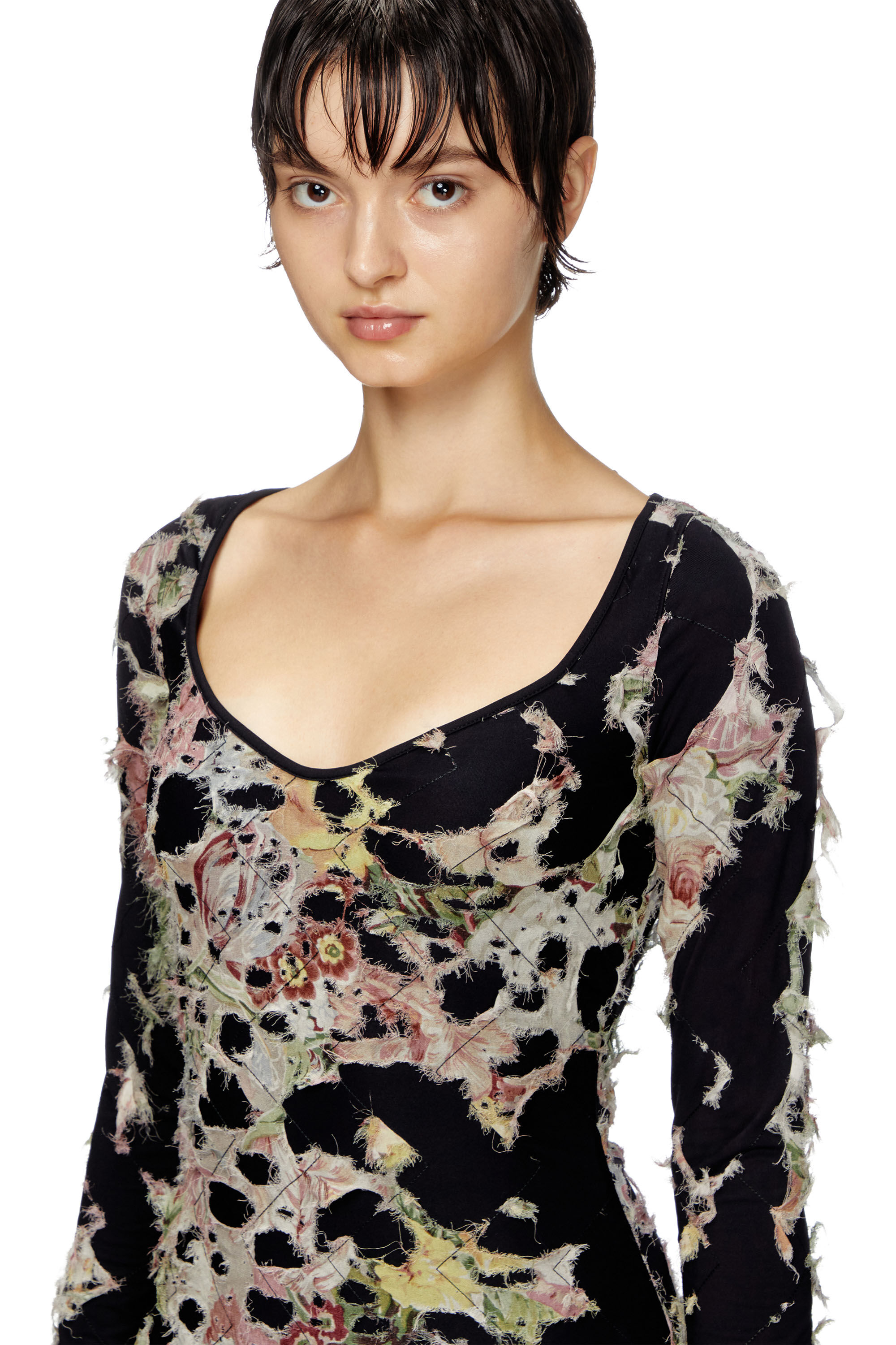 Diesel - D-FLOCI, Female's Burnout mini dress in floral viscose in ブラック - 5