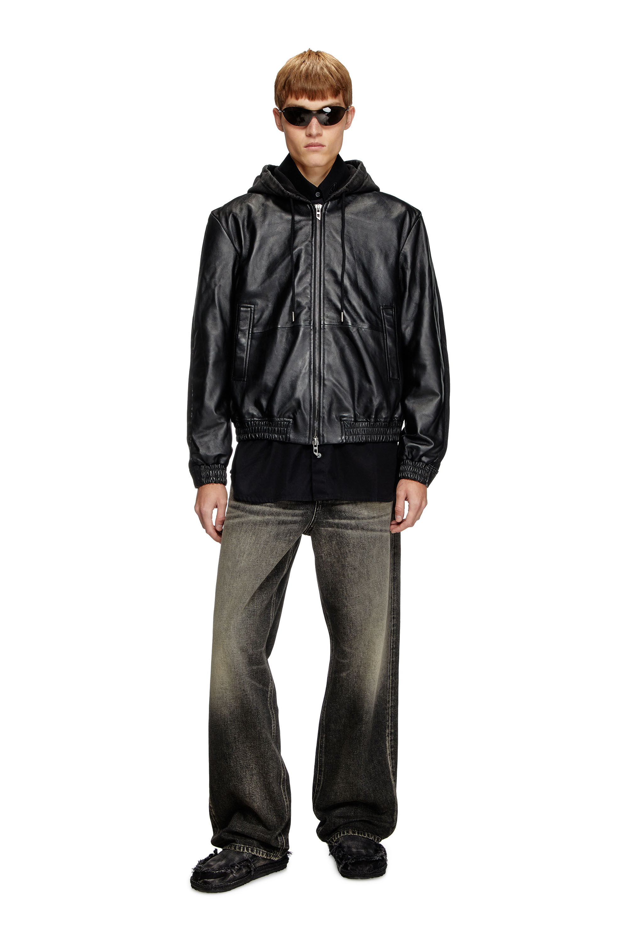 Diesel - L-OCHS, Male's Hooded jacket in leather, cotton and denim in ブラック - 1