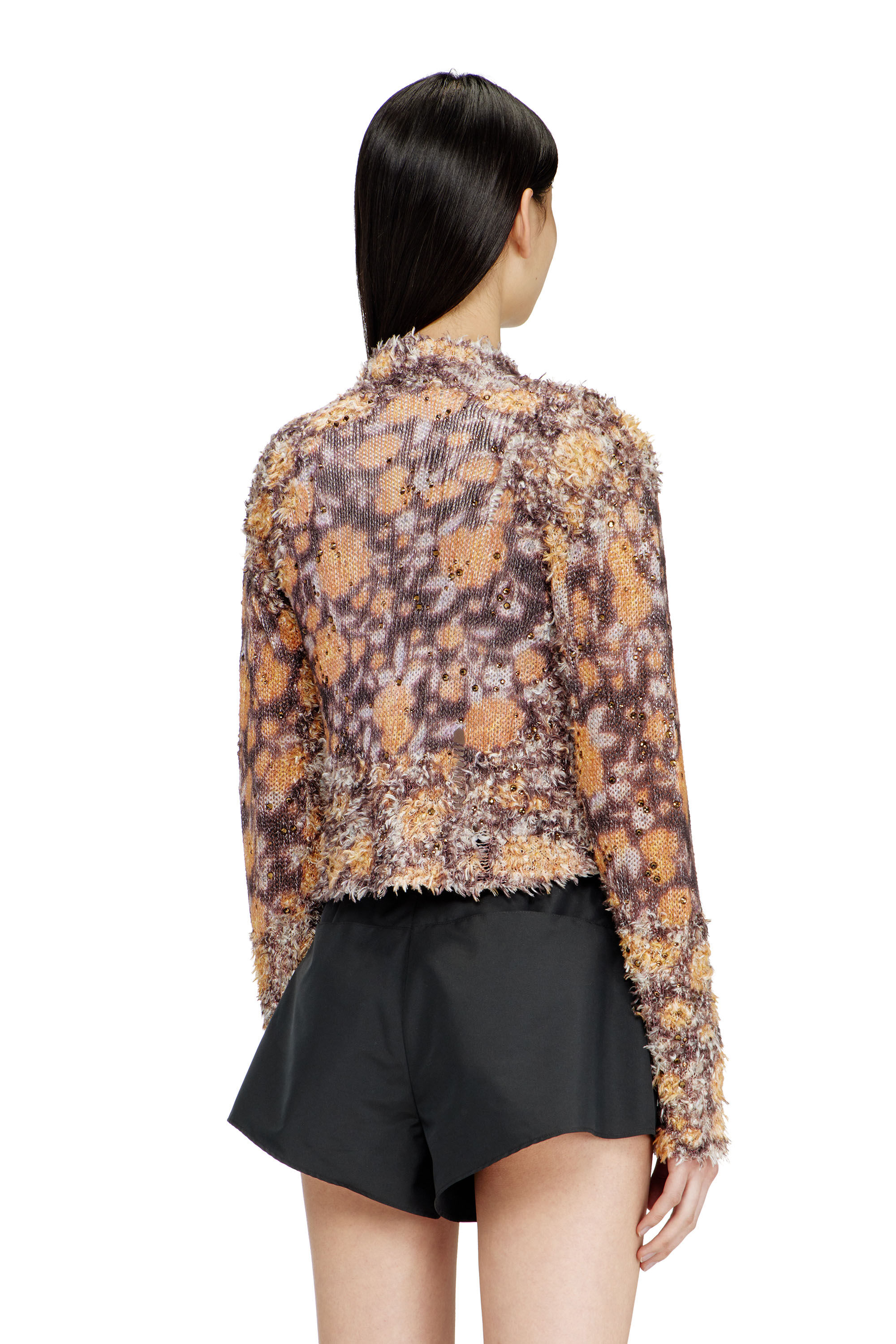M-LINNEA Printed cropped cardigan with crystals｜ブラウン