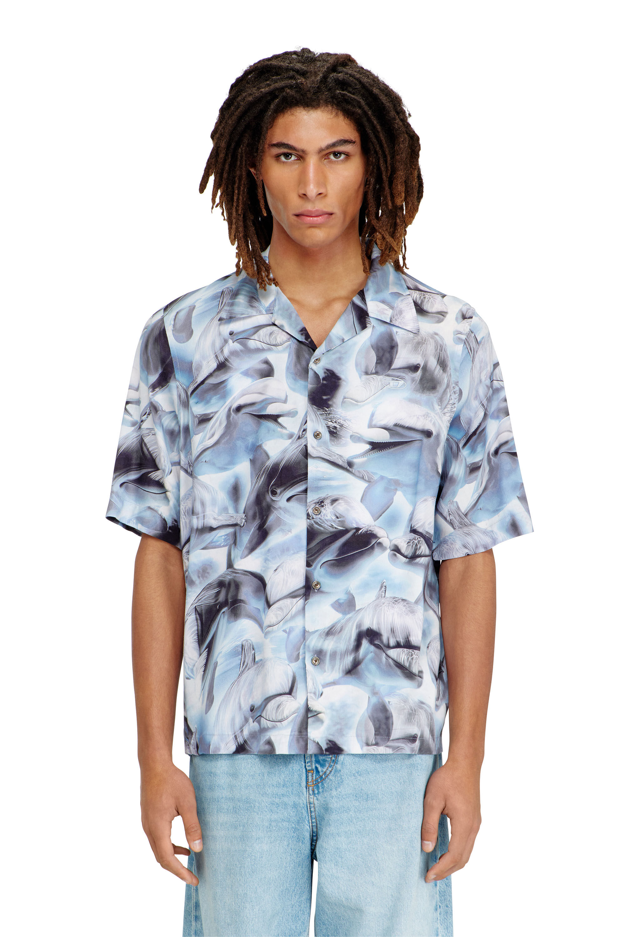 Diesel - S-BRACK-DOLPHIN, Male's Fluid short-sleeve shirt with all-over print in ライトブルー - 3