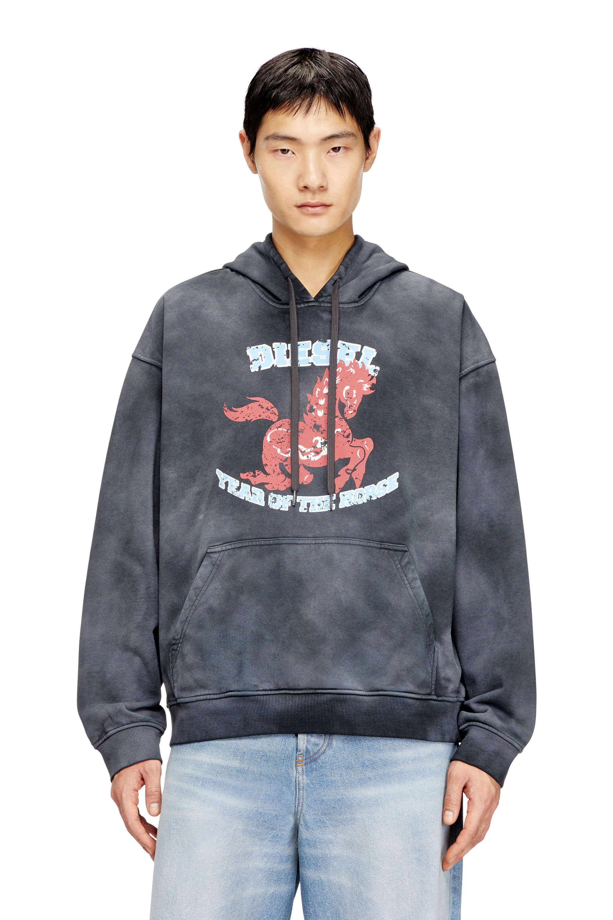 Diesel - CL-S-BOXT-HOOD-HORSE, Male's Hoodie tie-dye with horse graphic print in グレー - 3