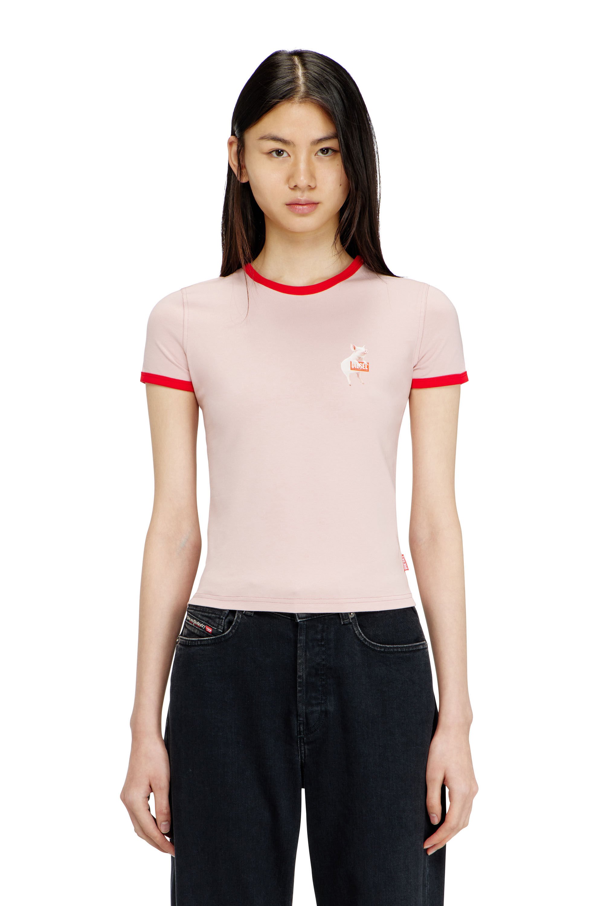 Diesel - T-UNCUTIES-LONG-S12, Female's Slim T-shirt with pig print in ピンク / ホワイト - 3