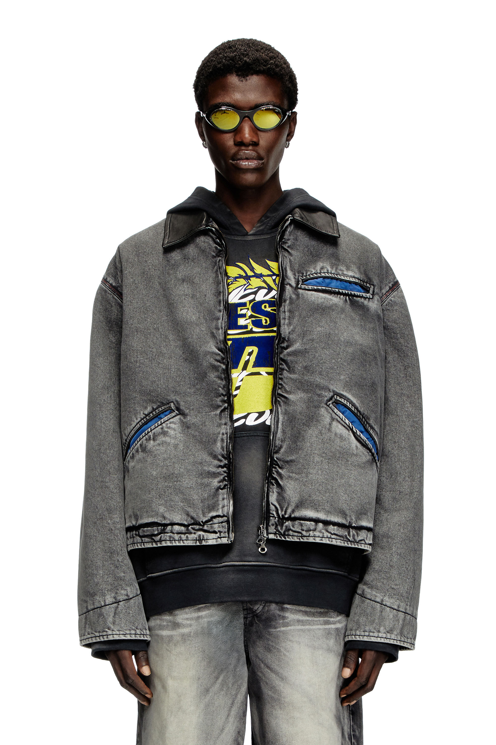J-TAYLOR Treated denim jacket with leather collar｜グレー｜メンズ｜DIESEL