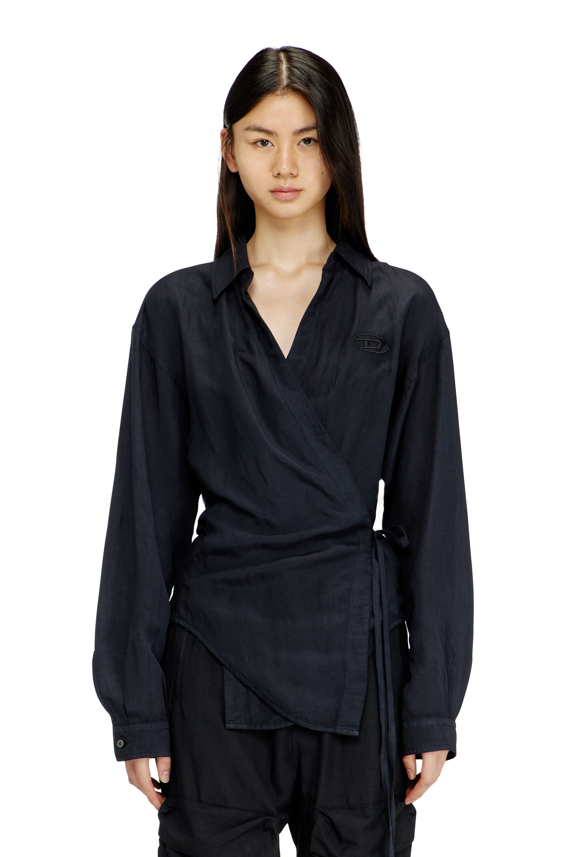 Diesel - C-DELPHOS-S3, Female's Linen-blend shirt with wrap closure in ブラック - 3