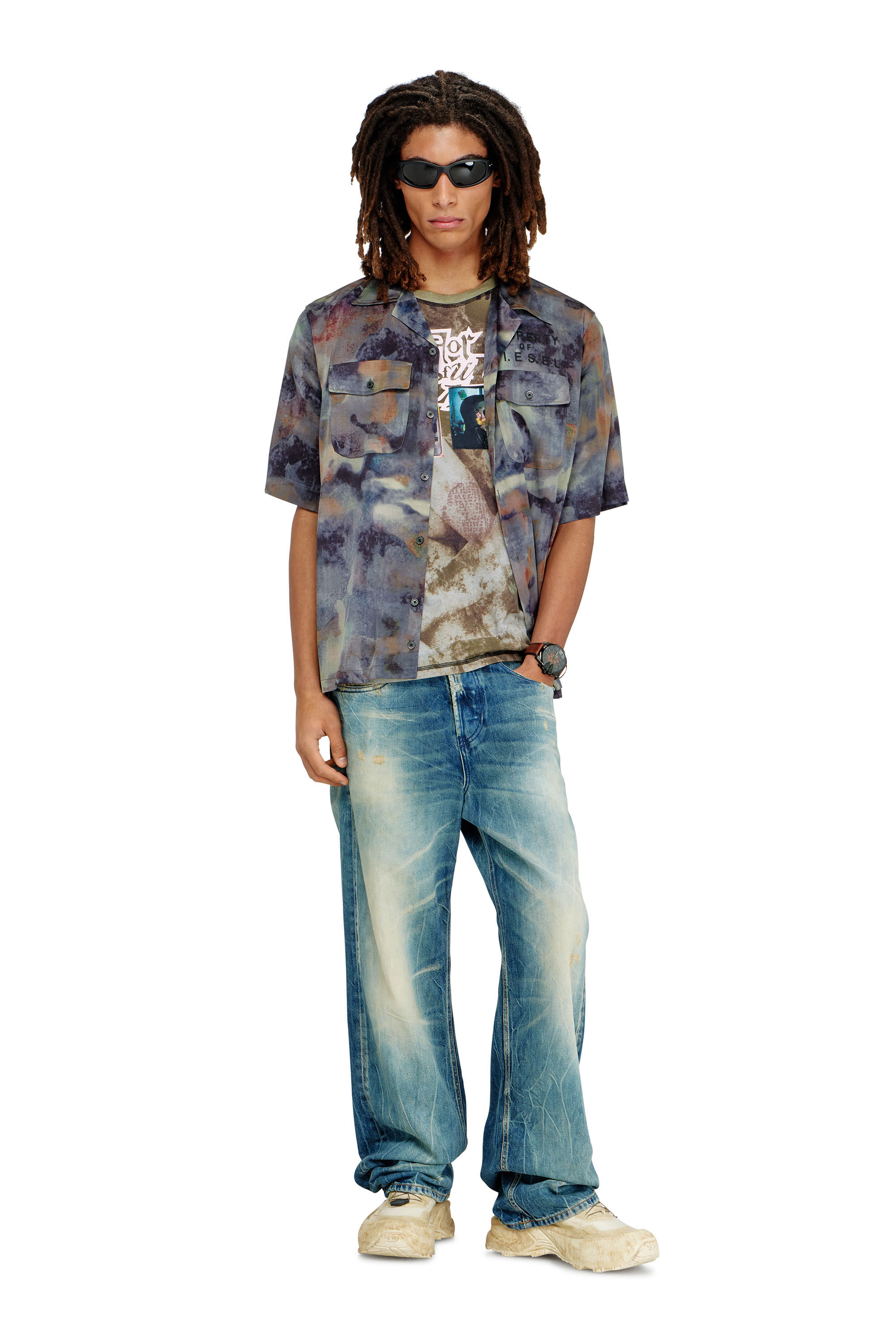 Diesel - S-BRACK-DMBN, Male's Satin shirt with all-over camo print in ブルー/ブラウン - 1