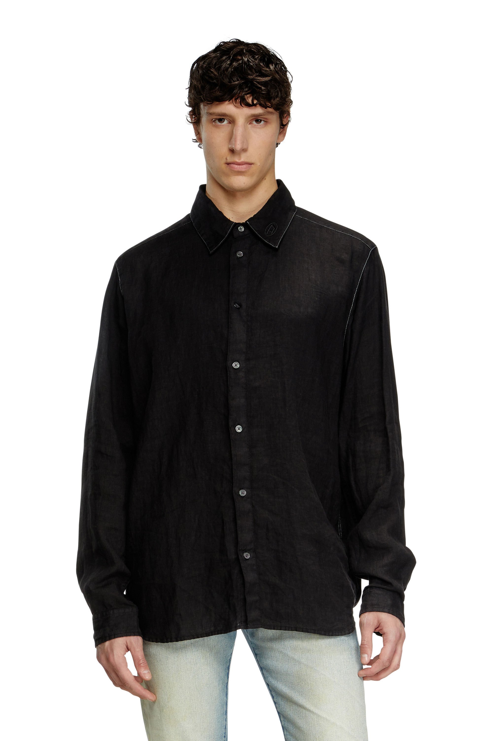 Diesel - S-WERP, Male's Linen shirt with logo collar in ブラック - 2