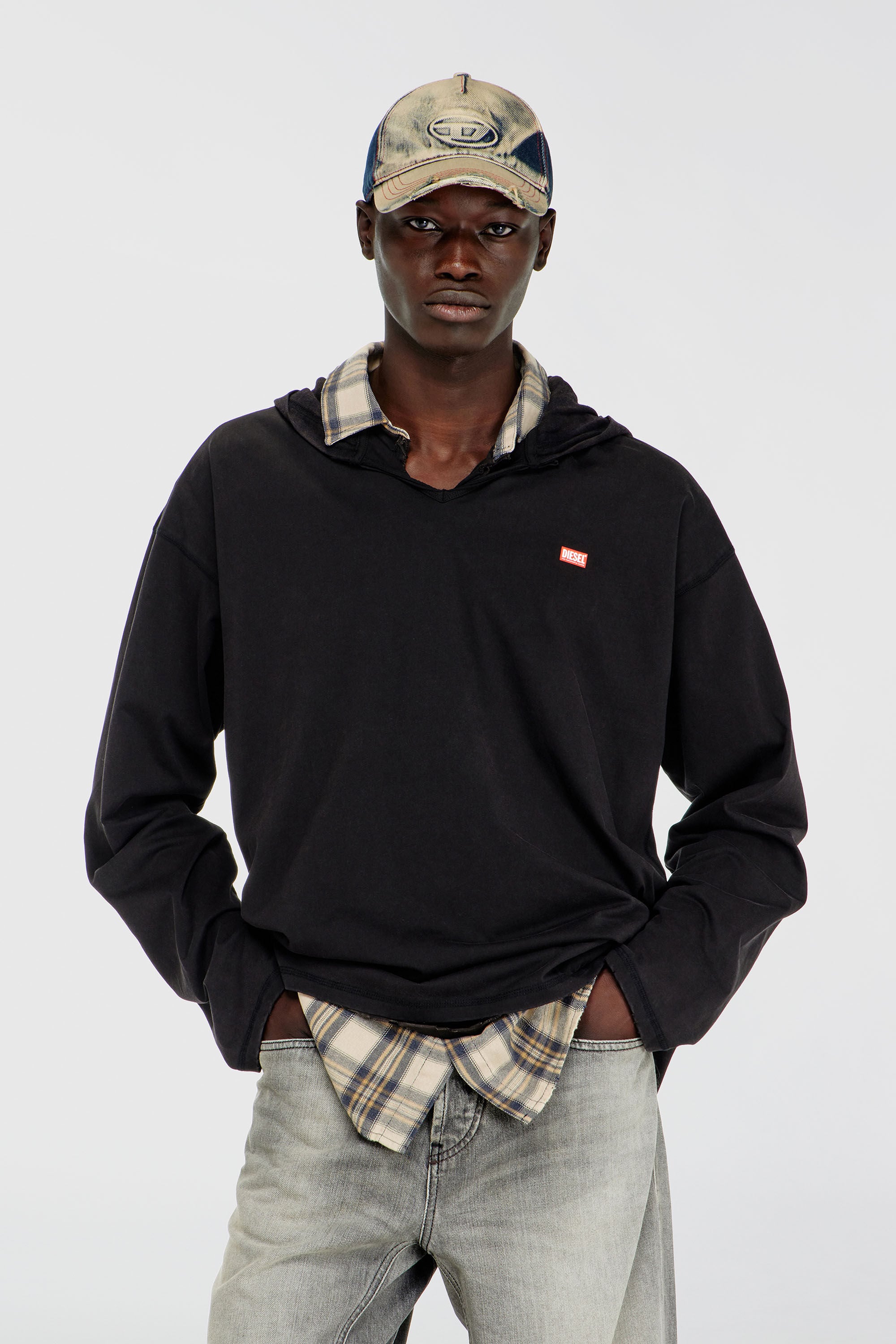 Diesel - T-BOXT-LS-HOOD-CHECK, Male's フード付き長袖Tシャツ in ブラック - 3