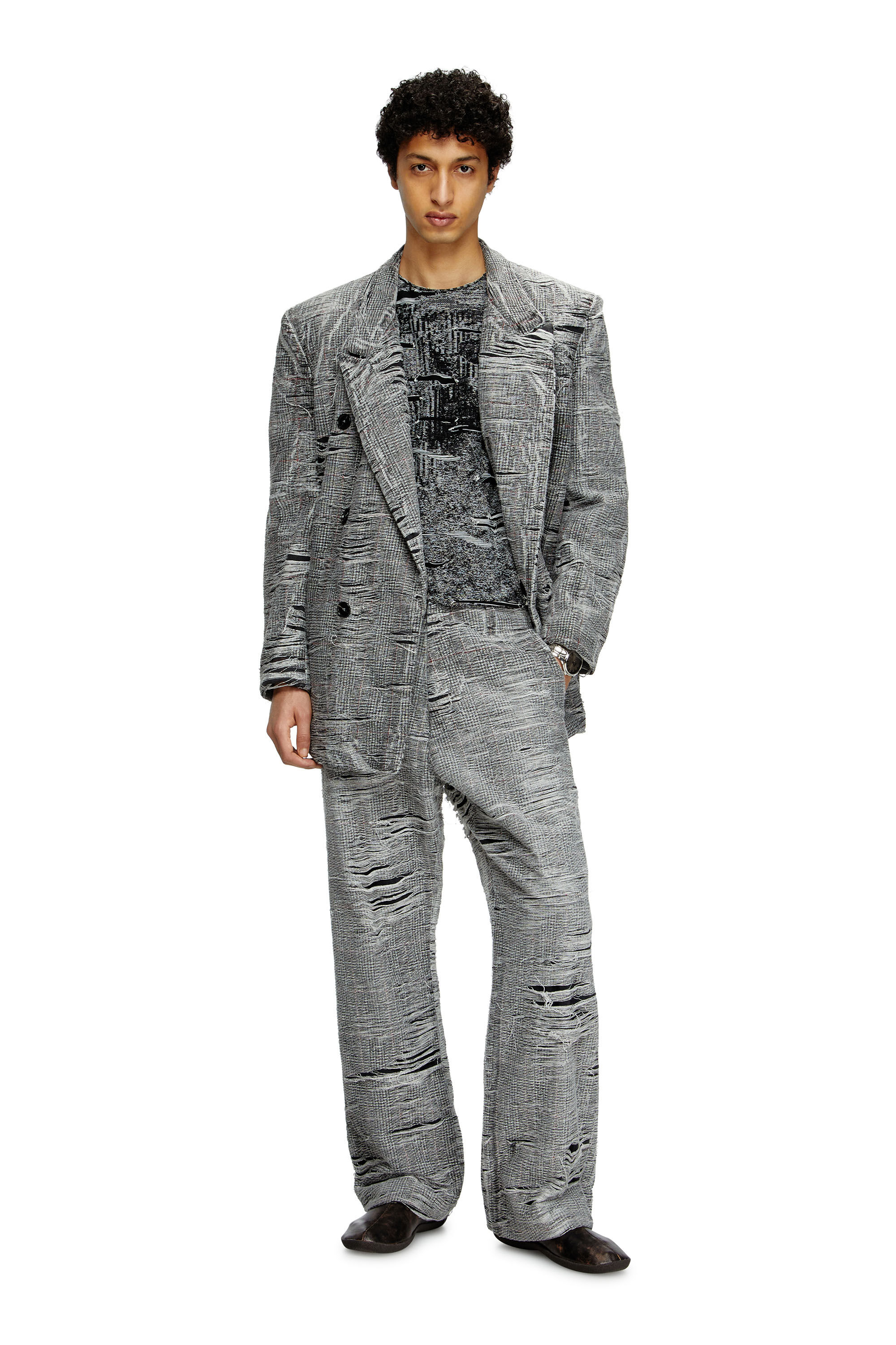 Diesel - D-PEKKA-FSG, Male's Blazer in distressed Prince of Wales denim in グレー - 1