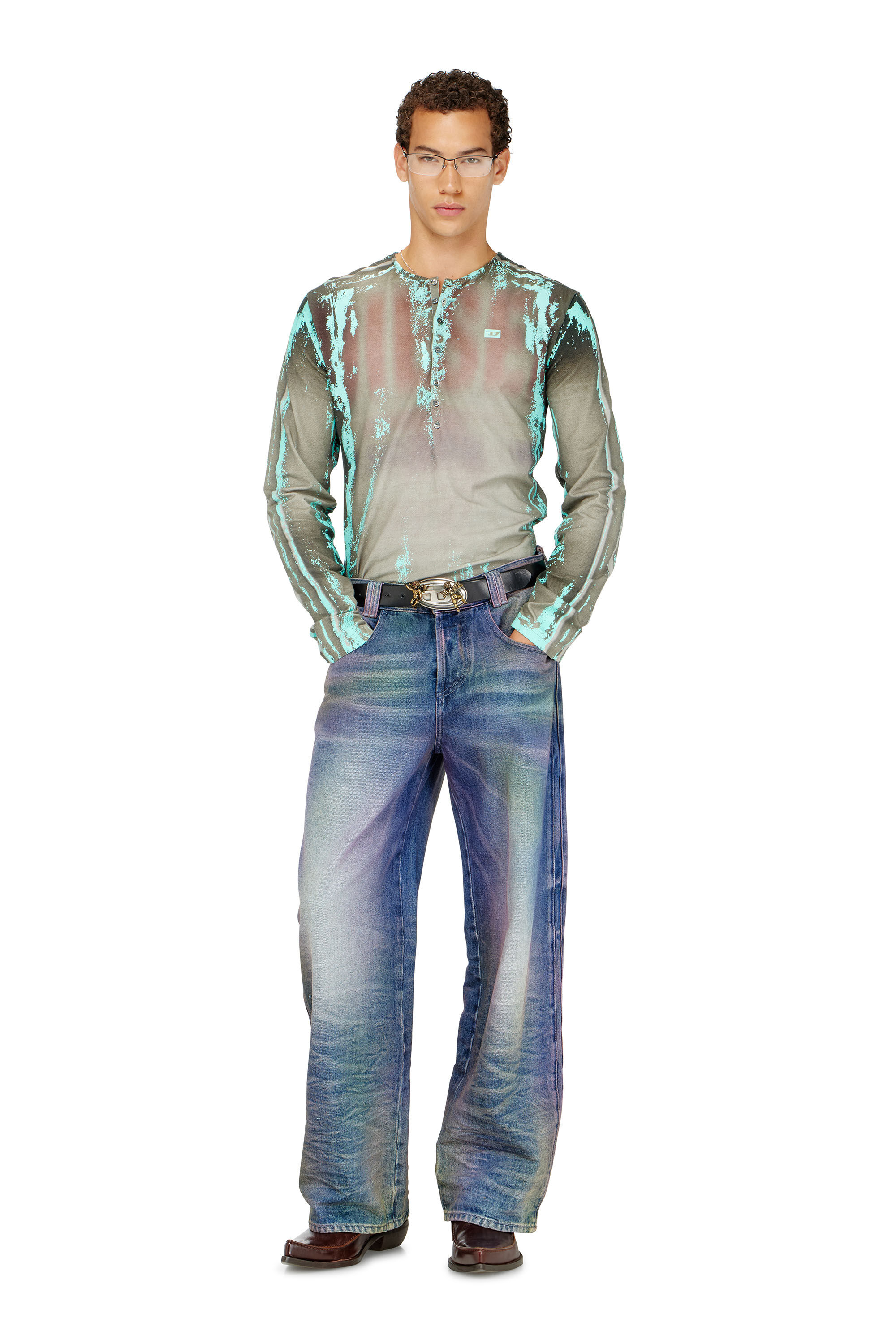 Diesel - T-FYNO-ML, Male's Grandad T-shirt in cracked leather-effect jersey in null - 1