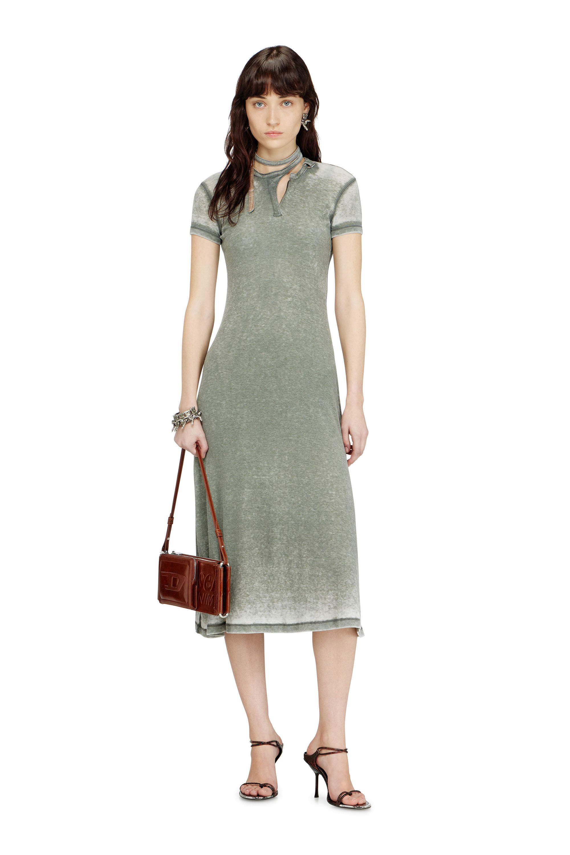 Diesel - D-INA, Female's Rib-jersey midi dress with biker neck strap in グレー - 1