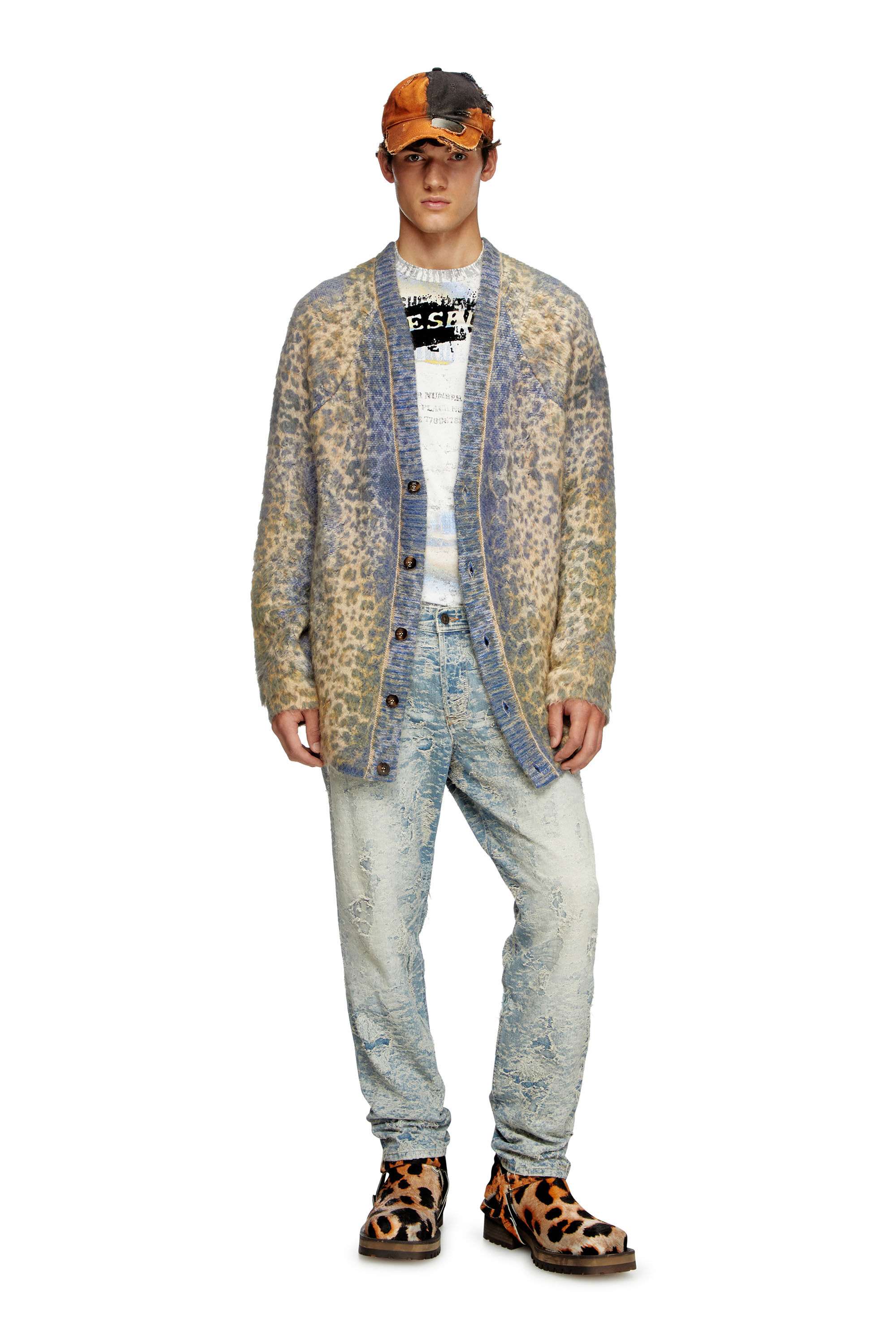 K-PENROS-A Leopard-print cardigan with sweat effects｜マルチカラー  