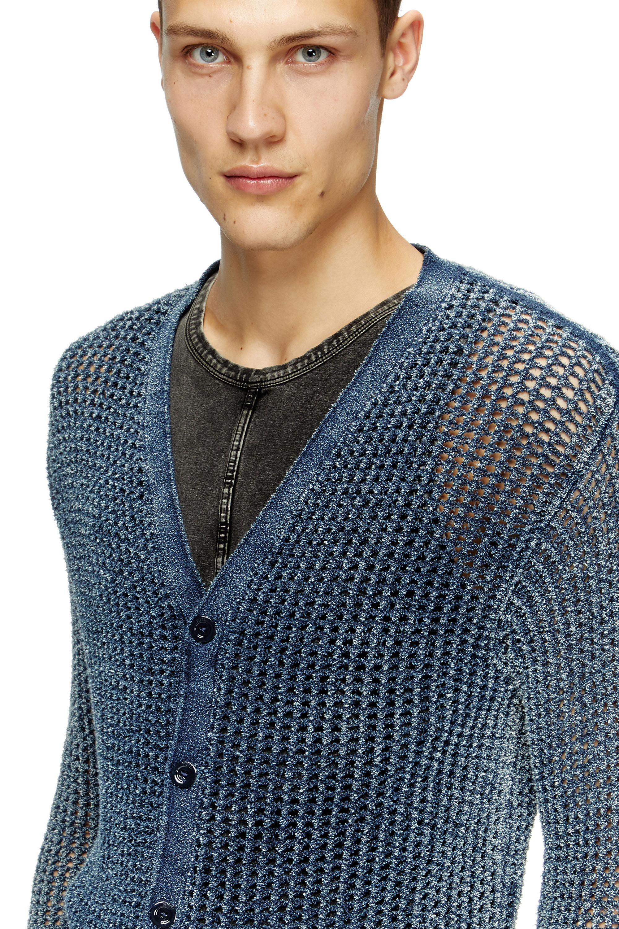 Diesel - K-REDRAM, Male's Mesh-knit cardigan in denim yarn in ブルー - 4