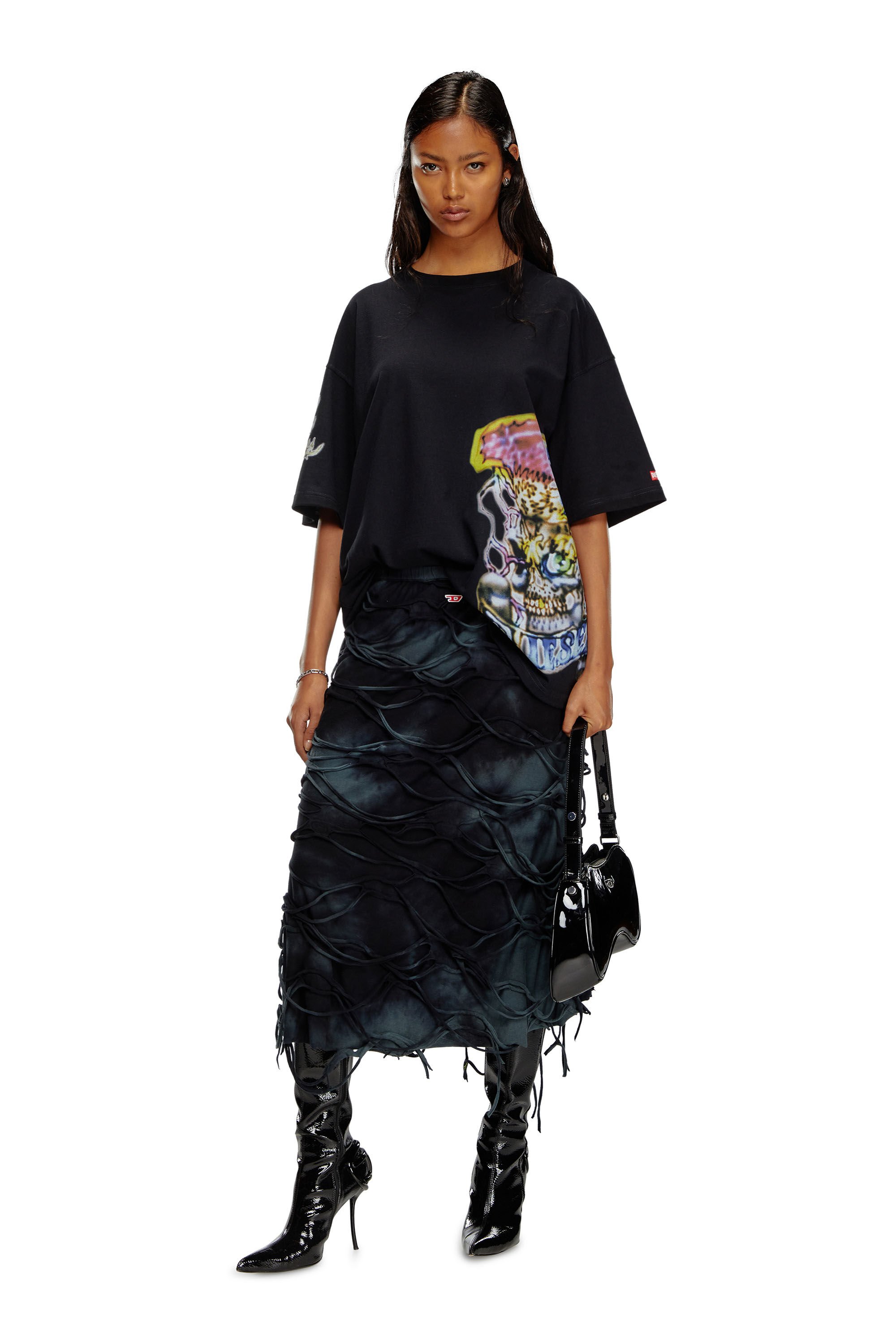 Diesel - O-JAL, Female's Midi skirt with floating strands in ブラック - 1