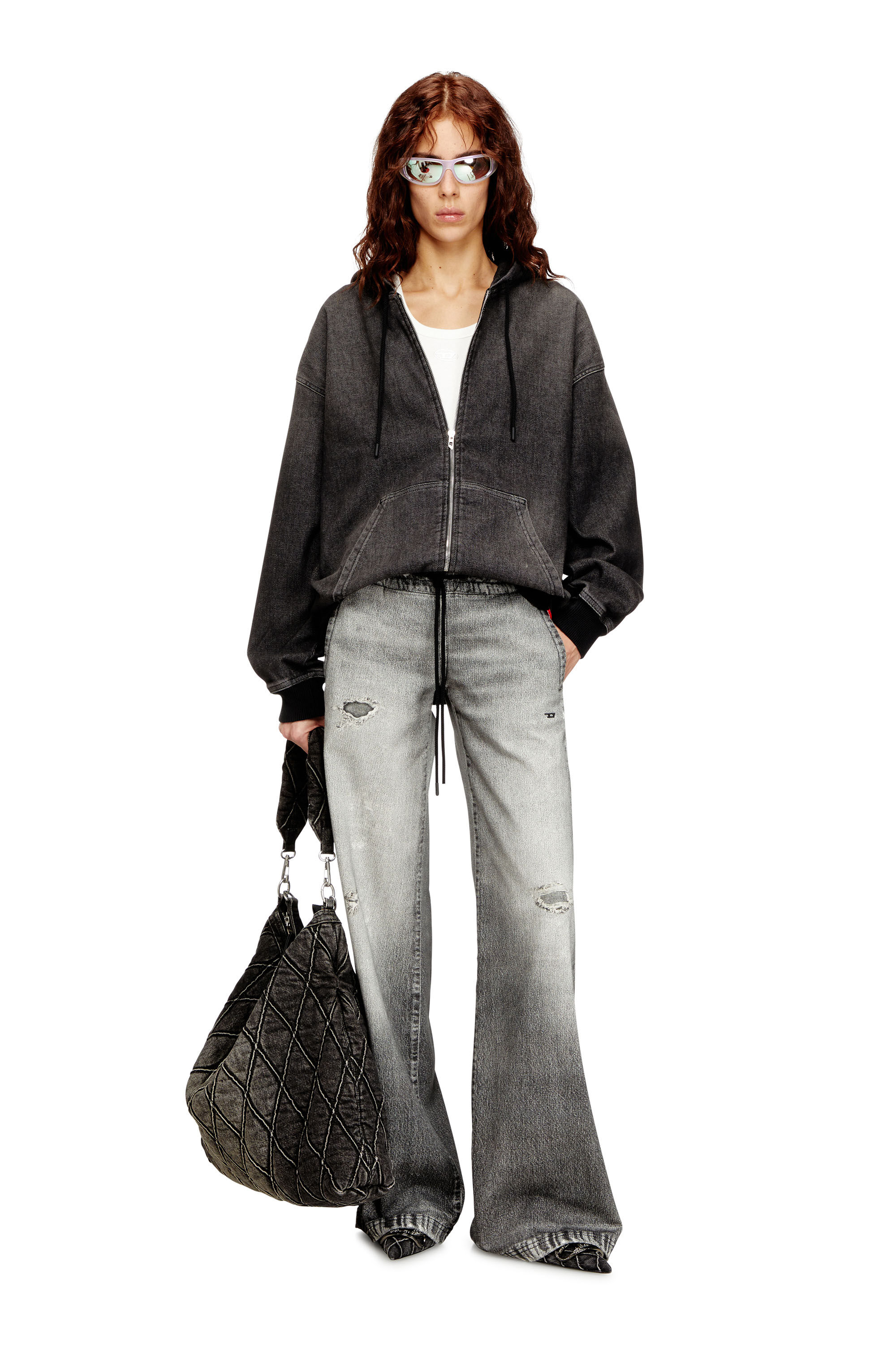 Diesel - D-GIRI-S TRACK, Unisex's Zipped hoodie in dirt-effect Track Denim in ブラック - 6