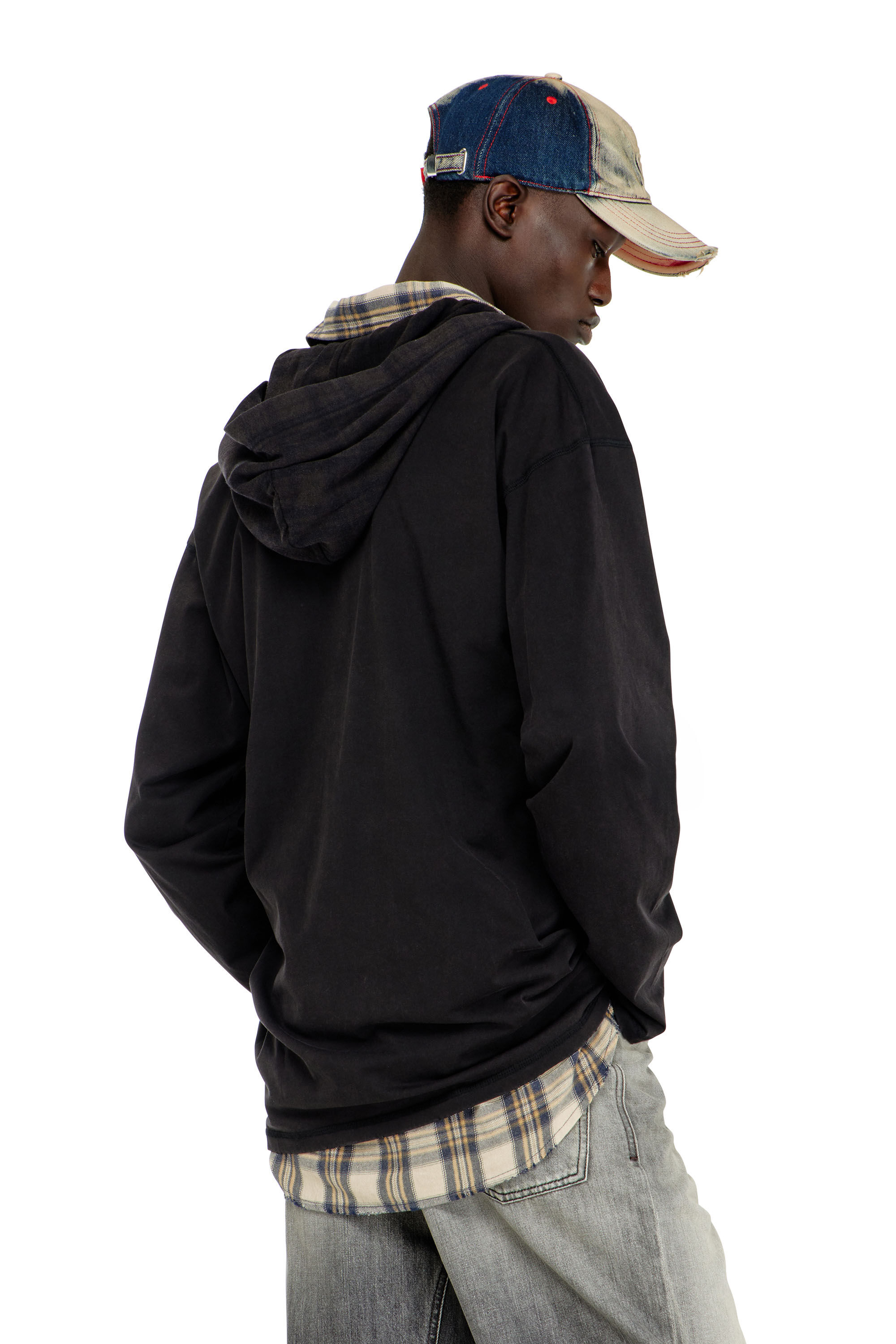Diesel - T-BOXT-LS-HOOD-CHECK, Male's フード付き長袖Tシャツ in ブラック - 4