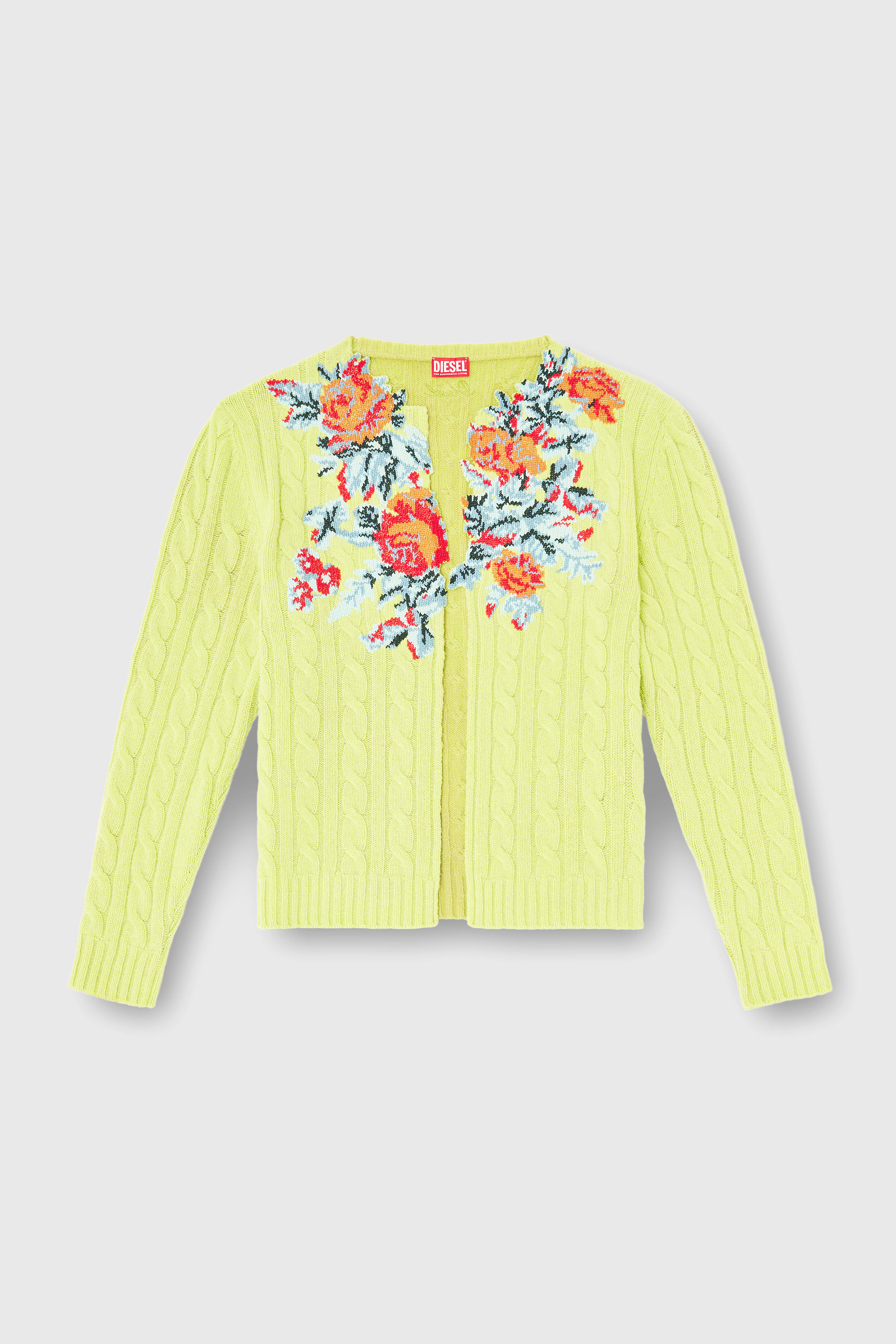 Diesel - K-RINO, Male's Open-front cardigan in floral cable knit in 蛍光イエロー - 2