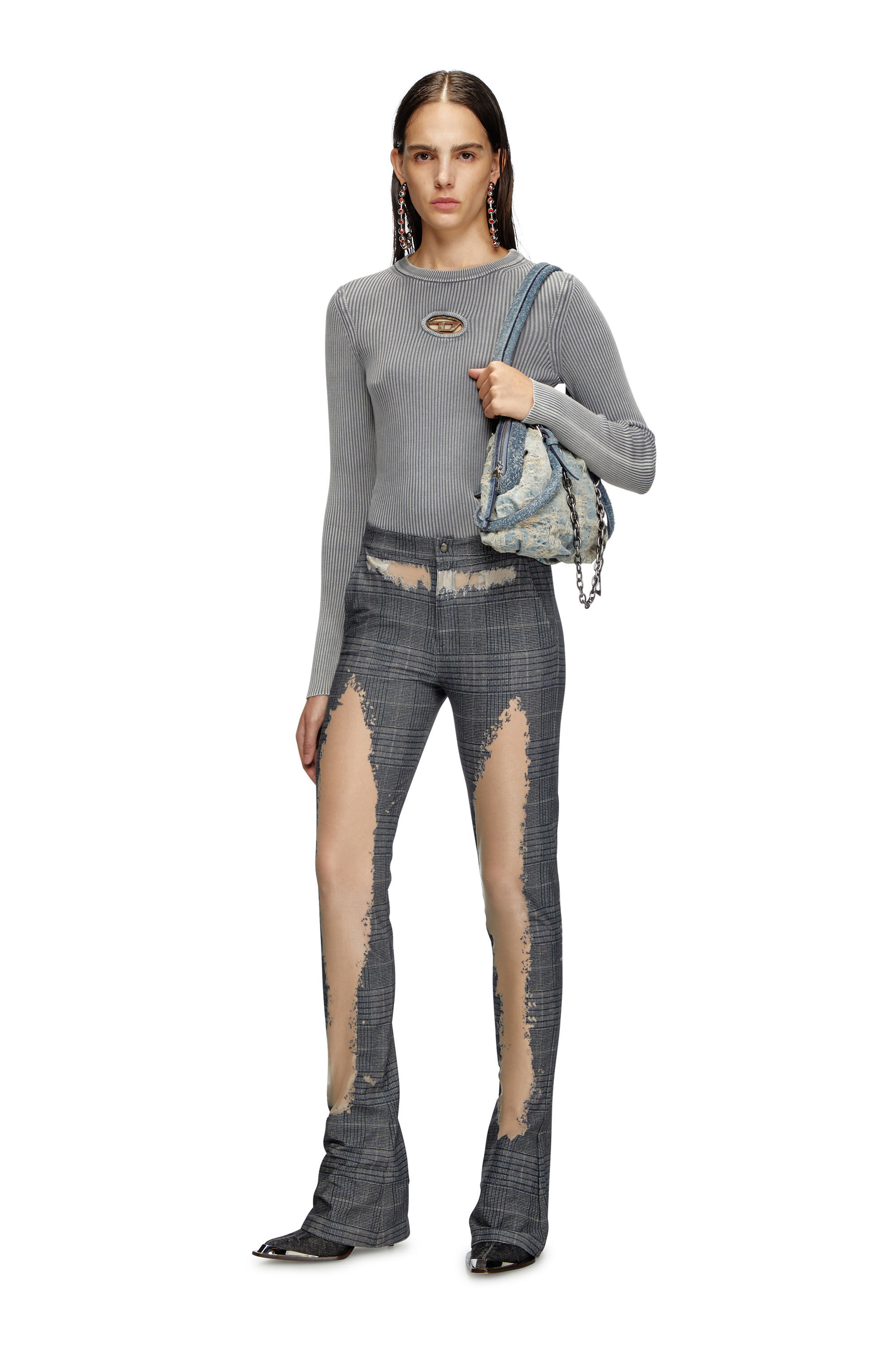 Diesel - M-VALARY-R, Female's Cropped knit top with rusty-look Oval D in グレー - 1