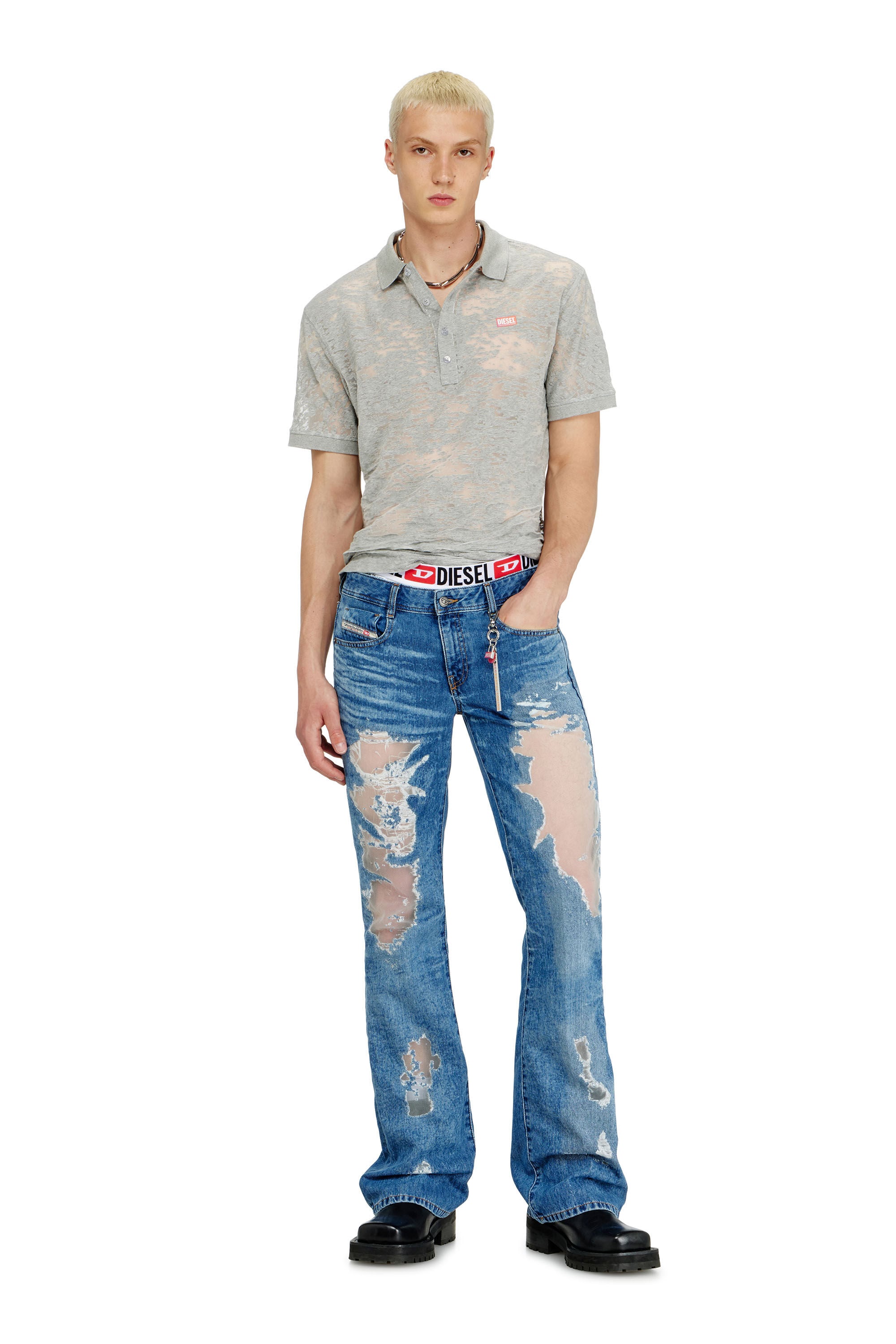 Diesel - PR-T-REJUST, Male's Polo shirt in all-over devor&eacute; jersey in ライトグレー - 1