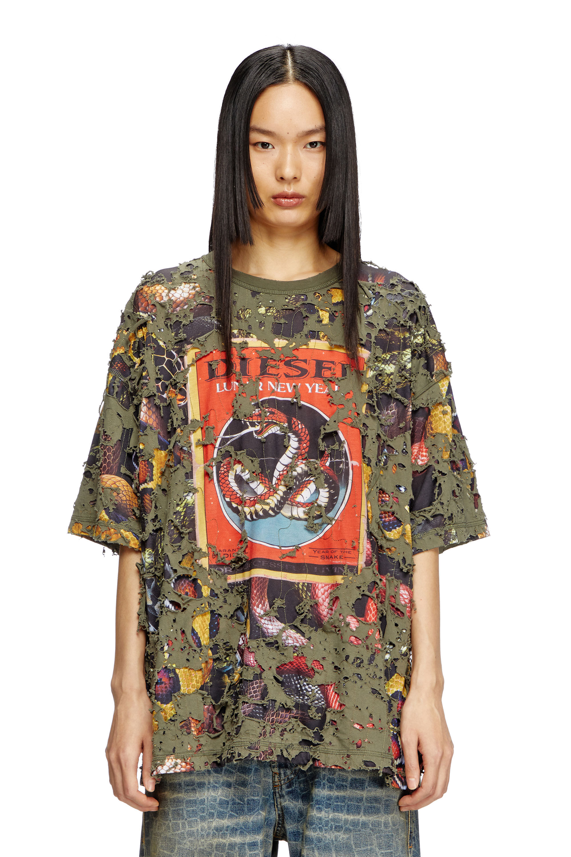 Diesel - CL-T-BOXT-DEVOR-SNAKE, Unisex's Snake-print T-shirt with destroyed overlay in オリーブグリーン - 5