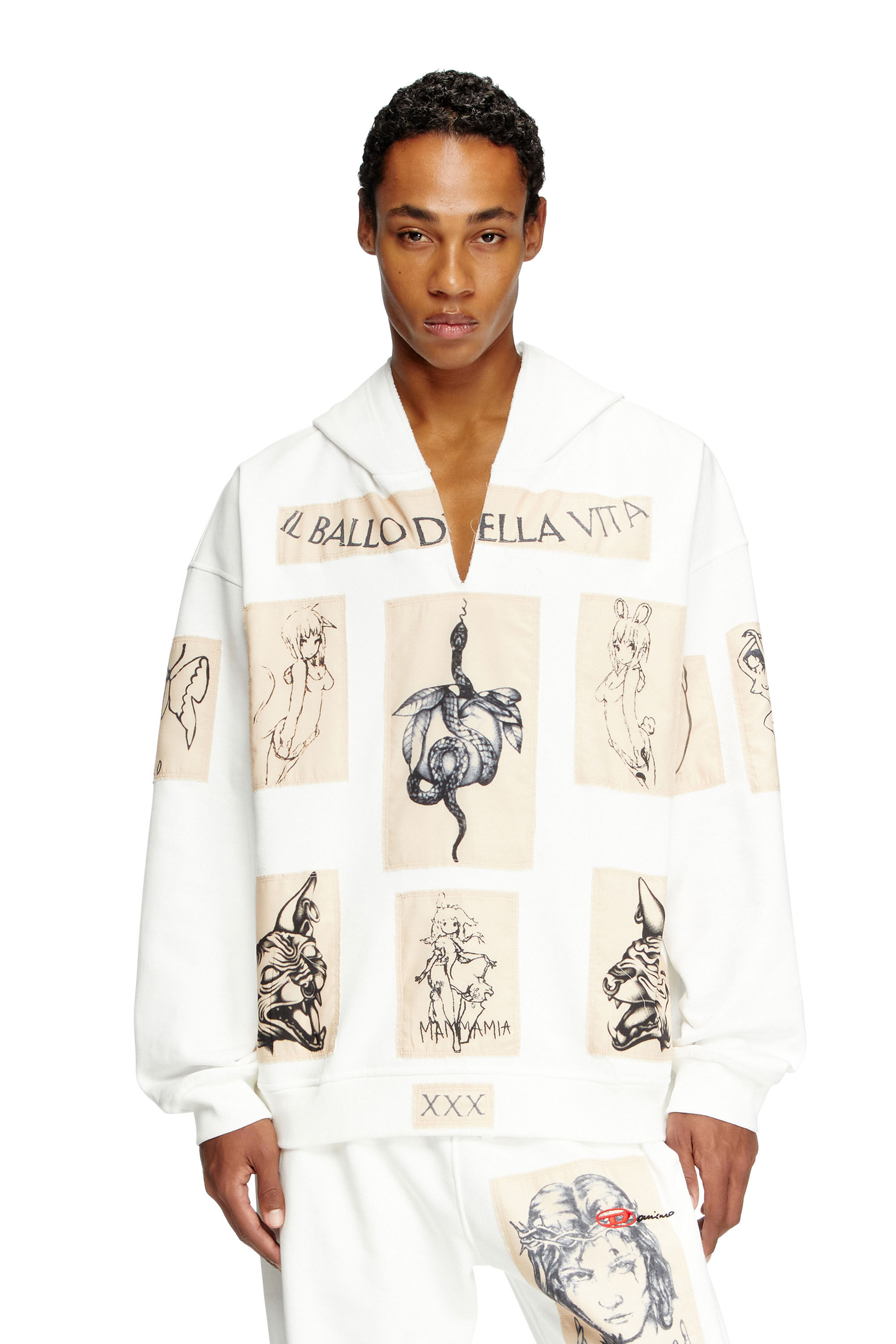 S-BOXT-HOOD-DD Hoodie with tattoo patches｜ホワイト