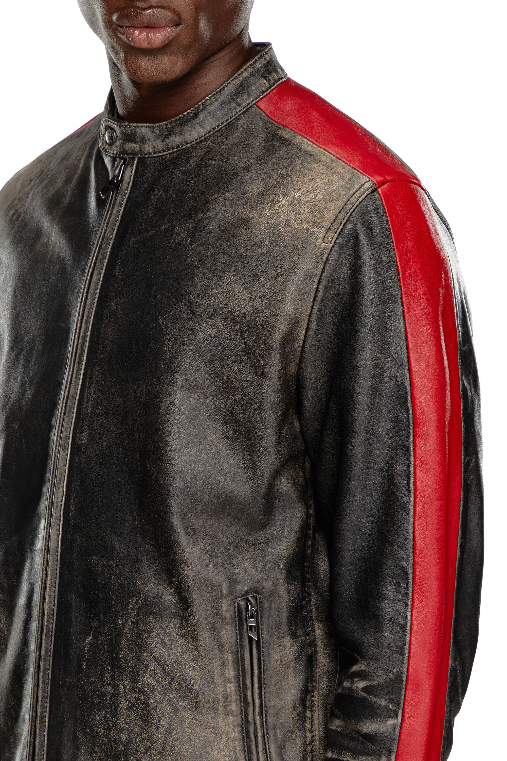 Diesel - L-RENN, Male's Leather jacket with contrasting stripes in ブラック/レッド - 4