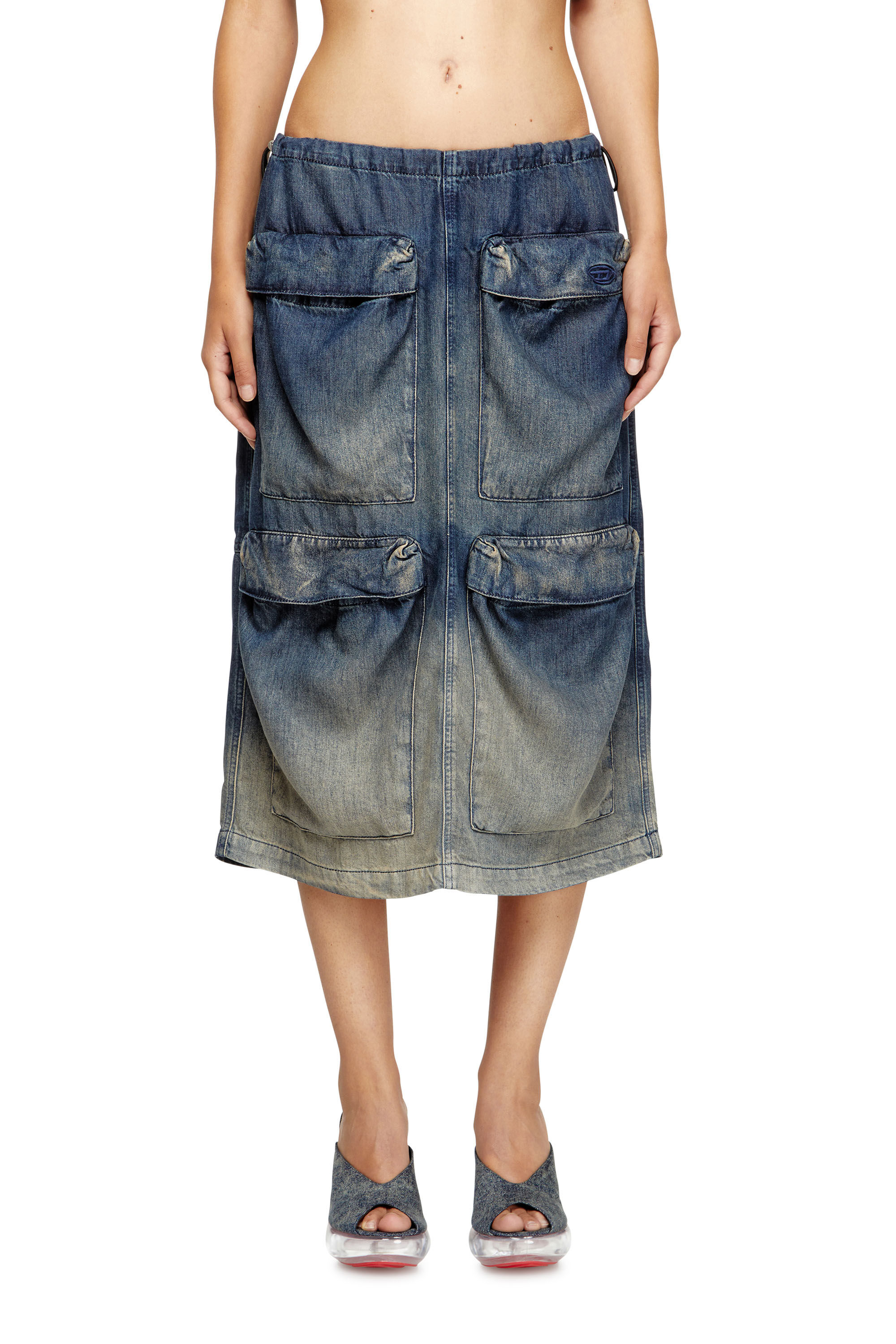 Diesel - DE-MEGI-S, Female's Midi skirt in gradient fluid denim in ダークブルー - 3