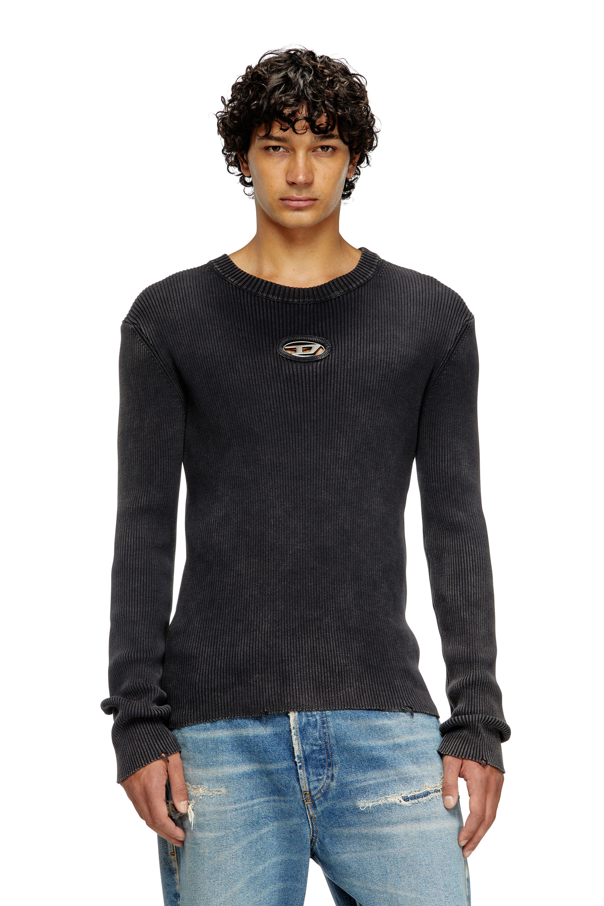 Diesel - K-DARIN-D, Male's Distressed jumper with cut-out logo in ブラック - 3