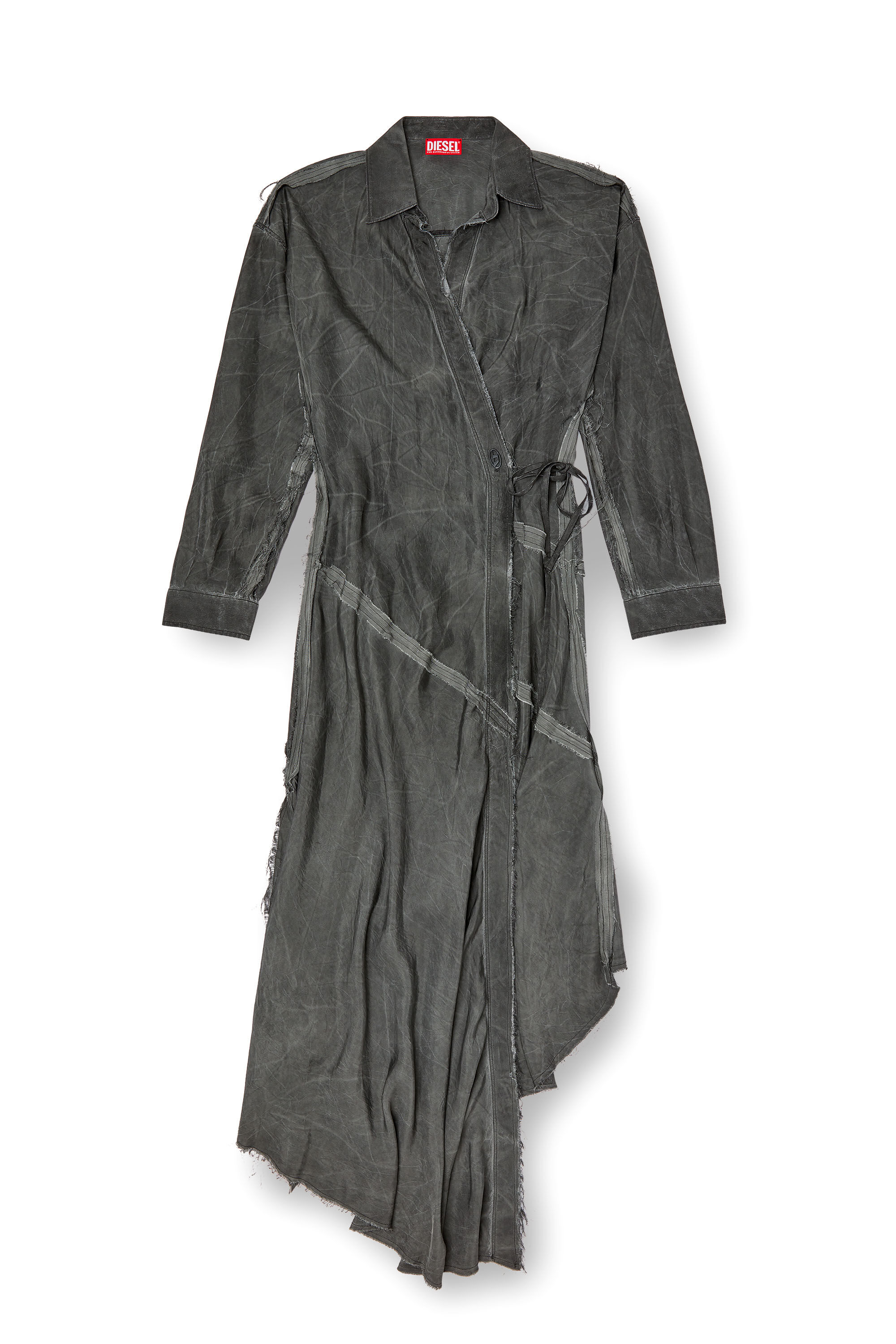 DIESEL>>D-Raven-Q1 フェード ディストレスト ミディ ドレス D-RAVEN-Q1 Asymmetrical long-sleeve dress｜グレー