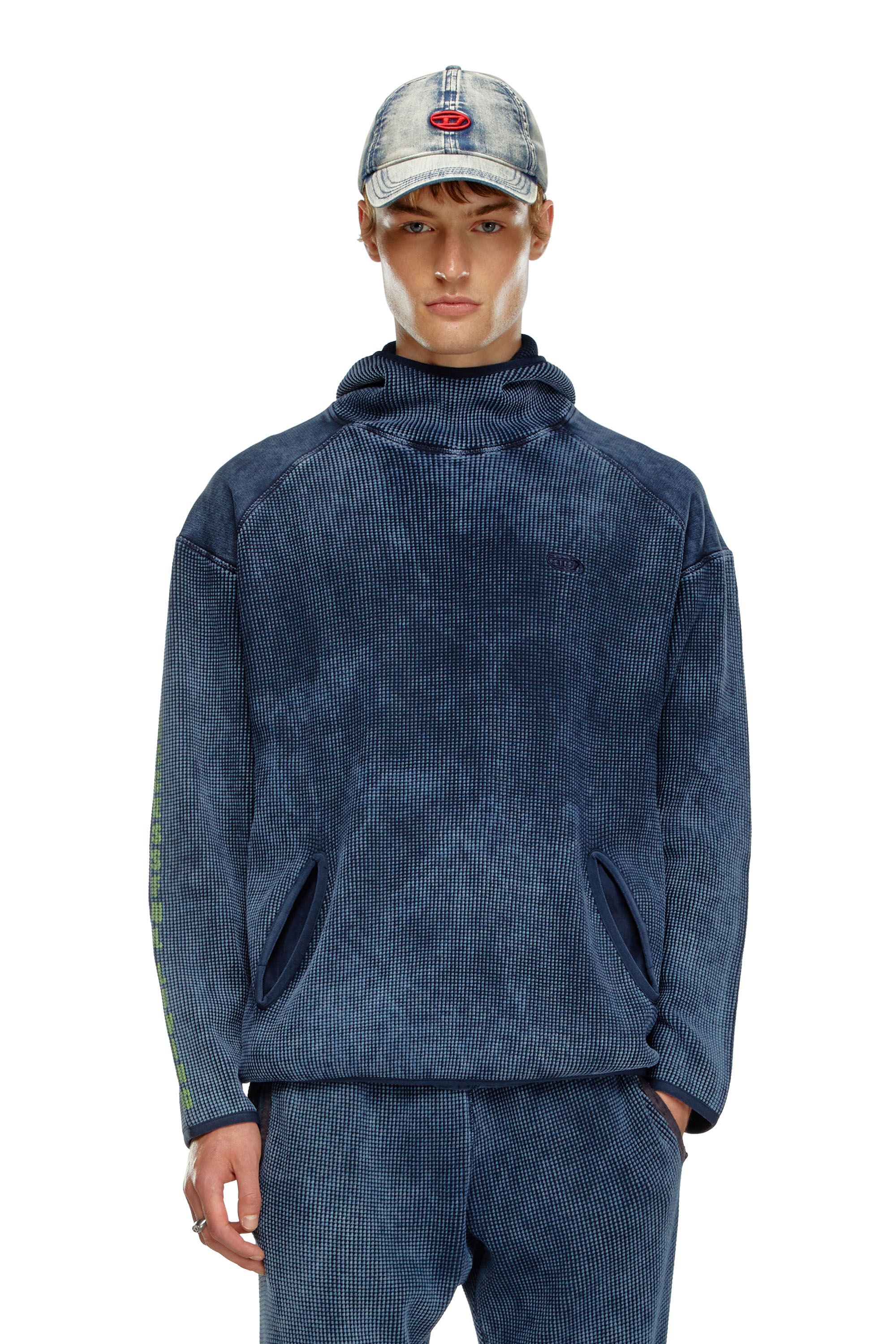 Diesel - S-WAF-HOOD, Male's Hoodie in washed waffle jersey in ブルー - 3
