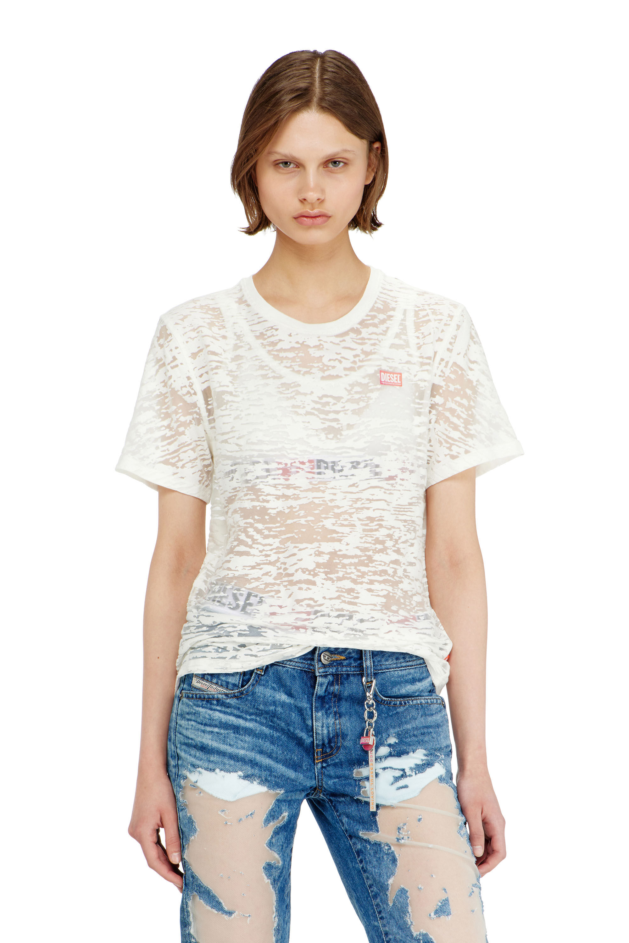 Diesel - PR-T-NOTS-MATI-R, Unisex's T-shirt in all-over devor&eacute; jersey in ホワイト - 5
