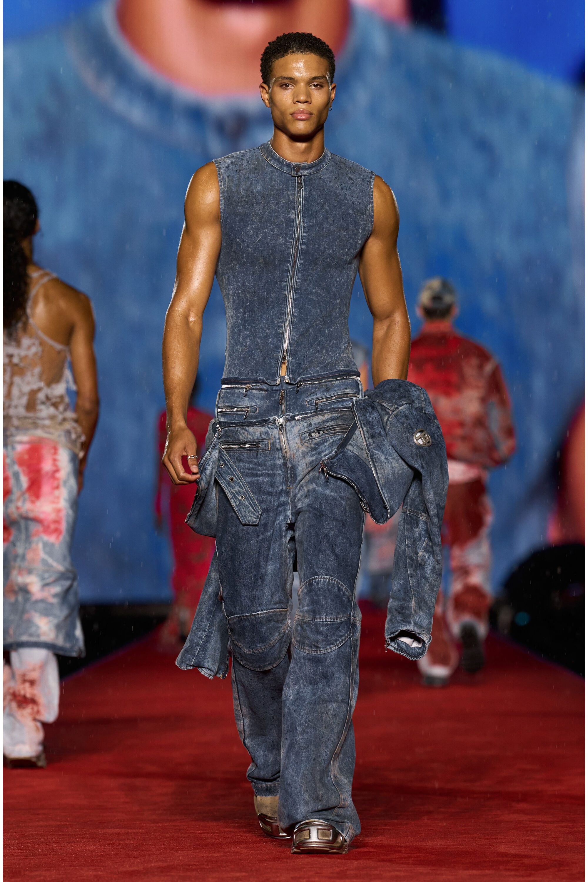限定セールをすべて D-NATA-FSE Sleeveless denim top with biker details｜ブルー トップス