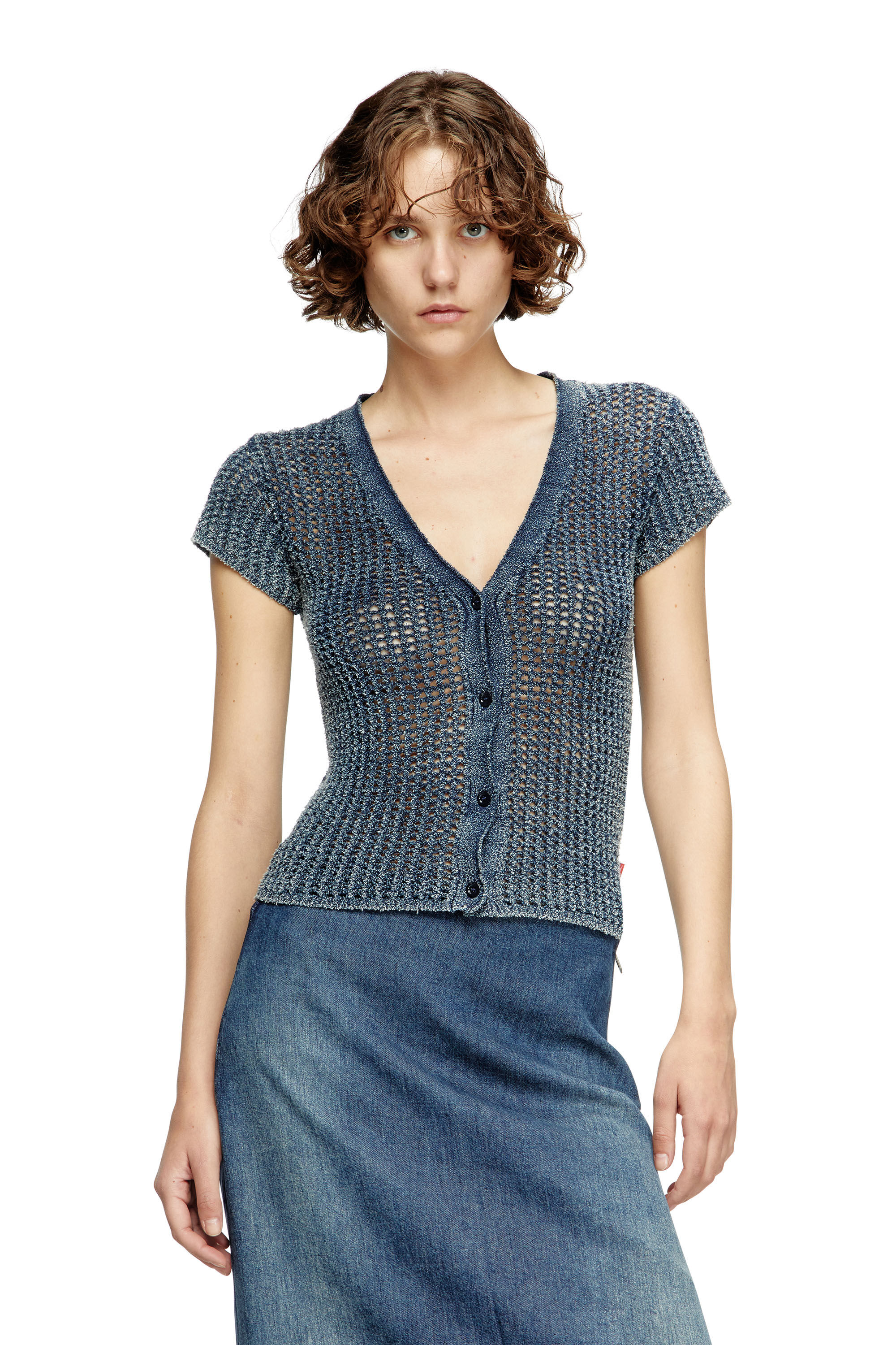 Diesel - M-REZ, Female's Short-sleeve cardigan in denim mesh knit in ミディアムブルー - 3