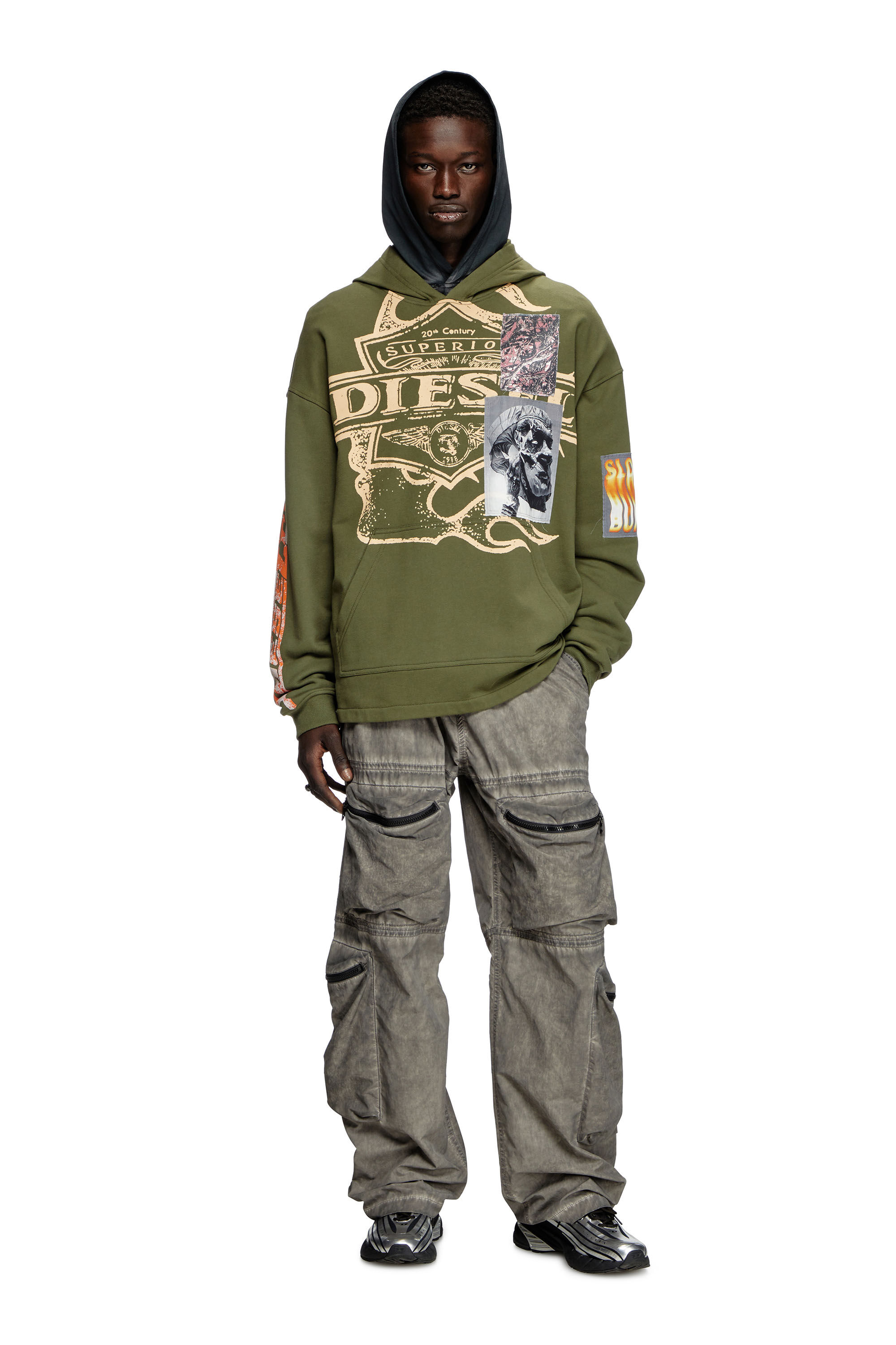 Diesel - S-BAXT-HOOD-R1, Male's Hoodie with prints and logo patches in オリーブグリーン - 1