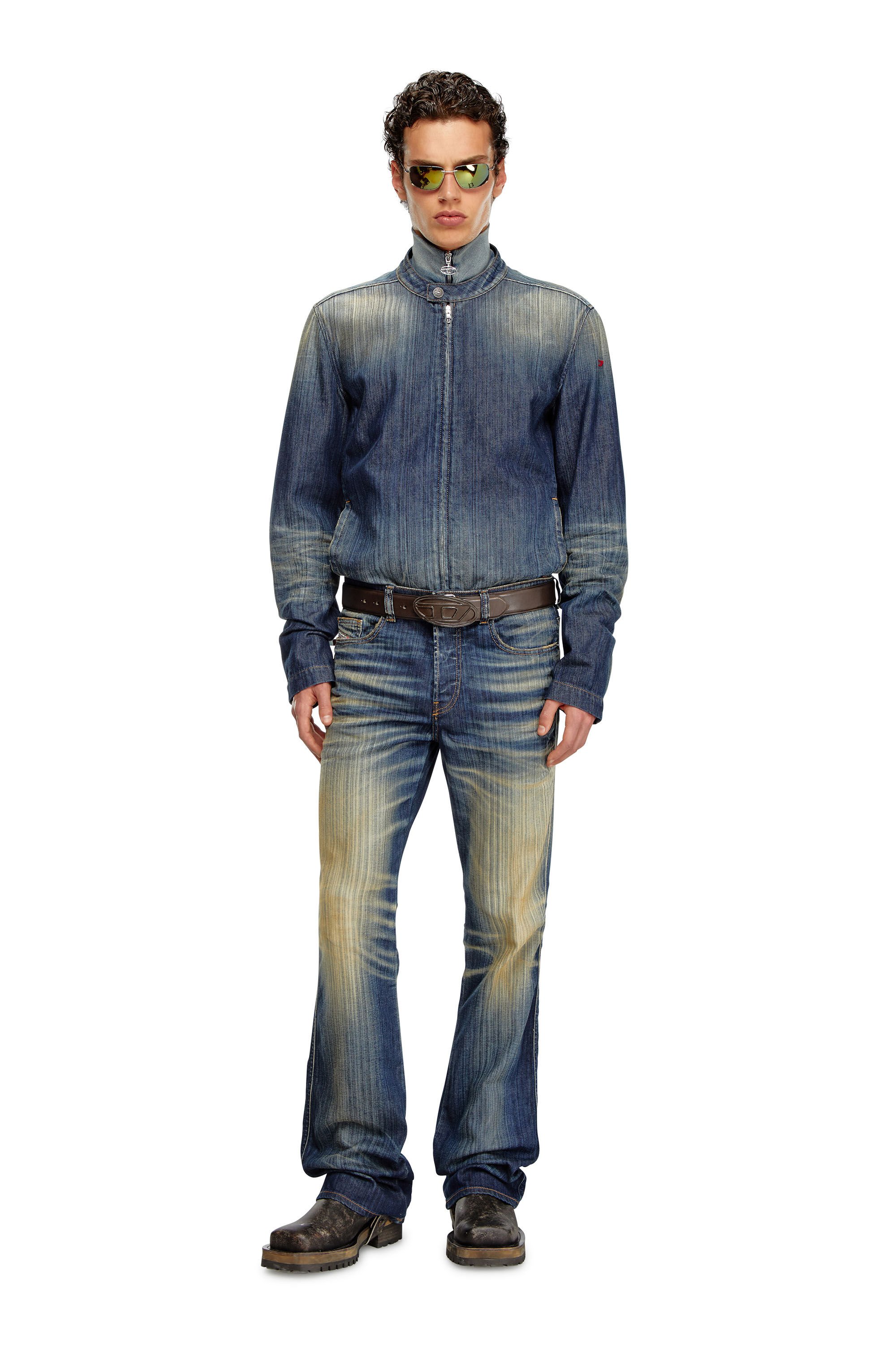 Diesel - D-GLORY, Male's Moto jacket in streaky denim in ダークブルー - 1
