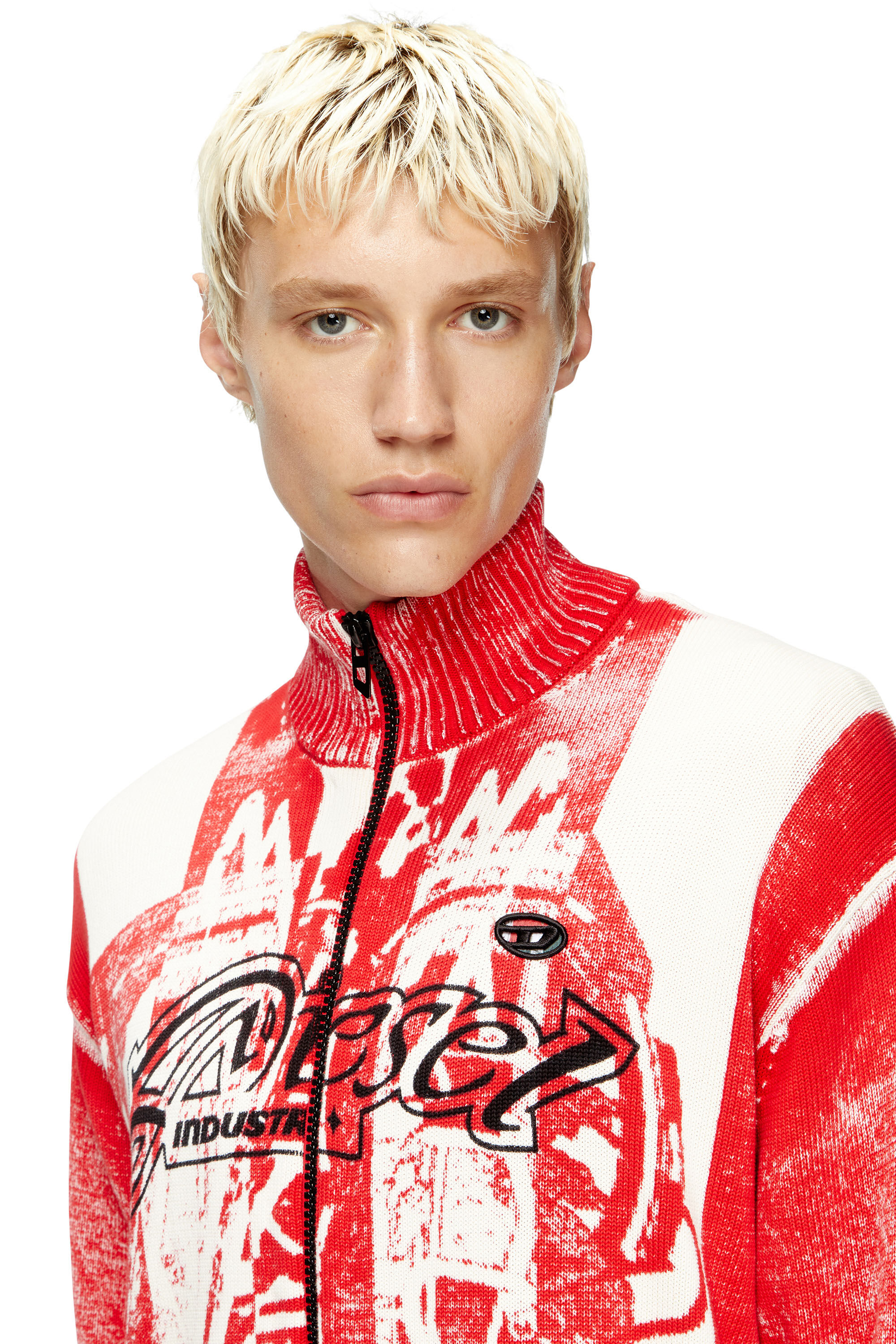 Diesel - K-OLIBA-JKT, Male's Inside-print striped zipped cardigan in レッド/ホワイト - 4