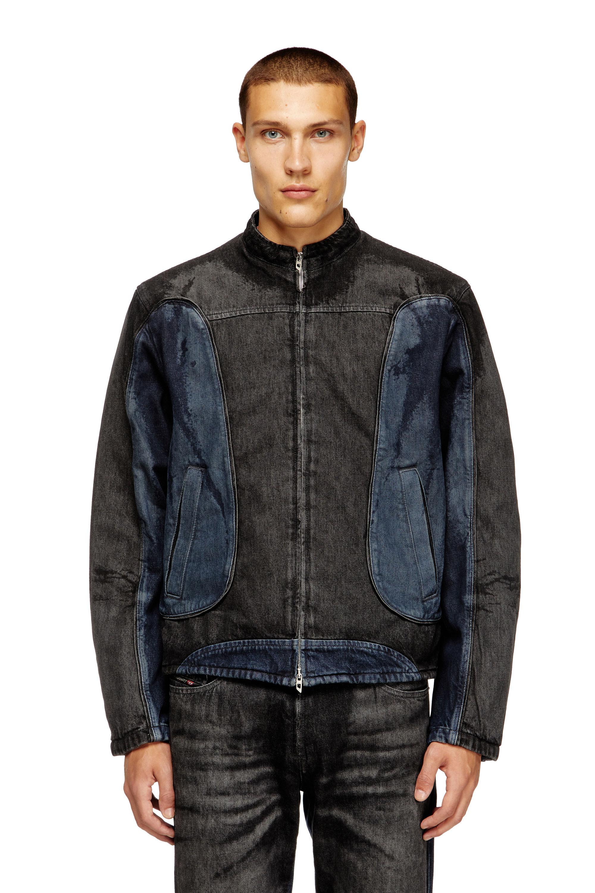 Diesel - D-BLENK-S, Male's Biker-style jacket in bicolour denim in ブラック/ブルー - 3