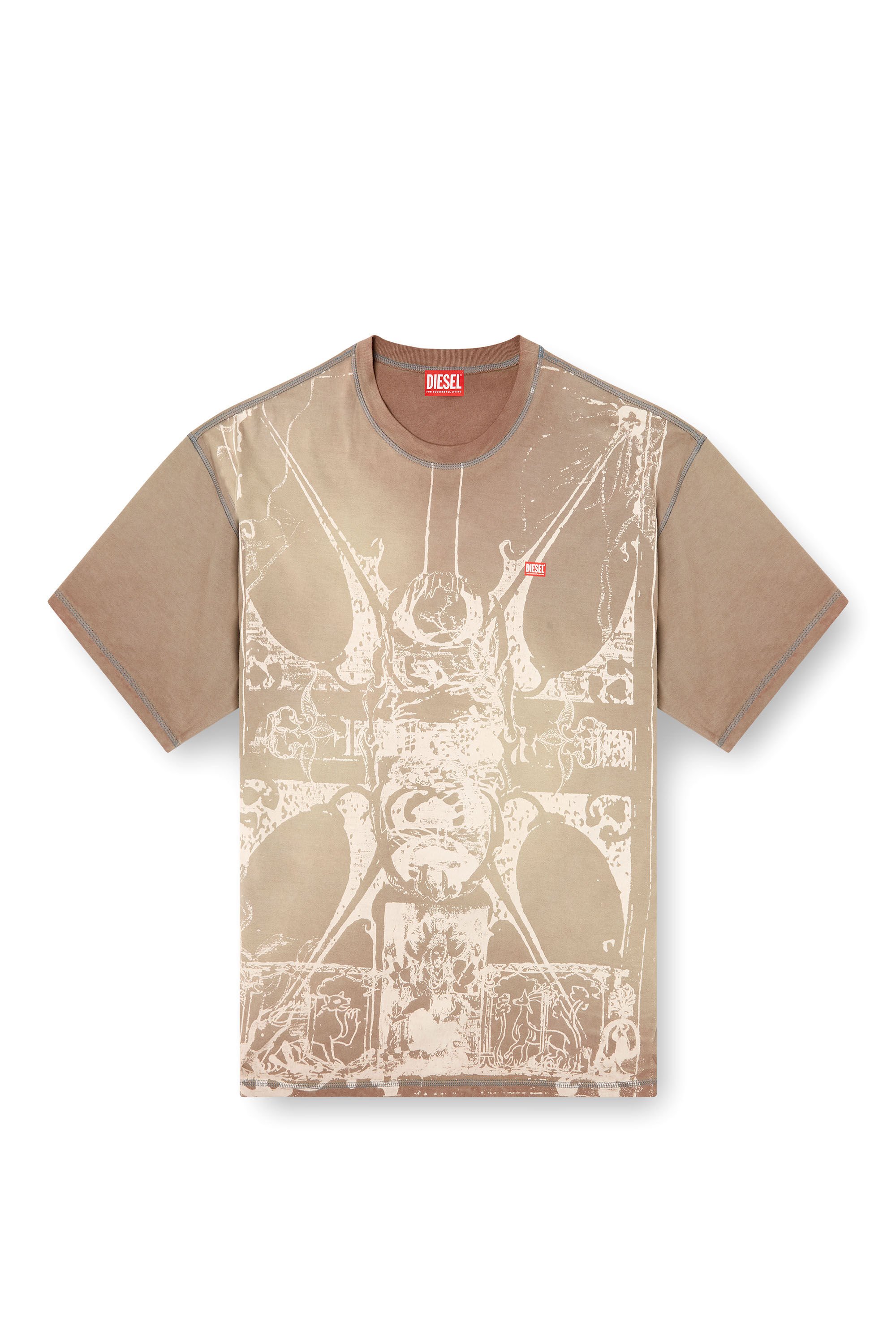 Diesel - T-BOXT-T13, Male's T-shirt with tonal medieval print in ライトブラウン - 2